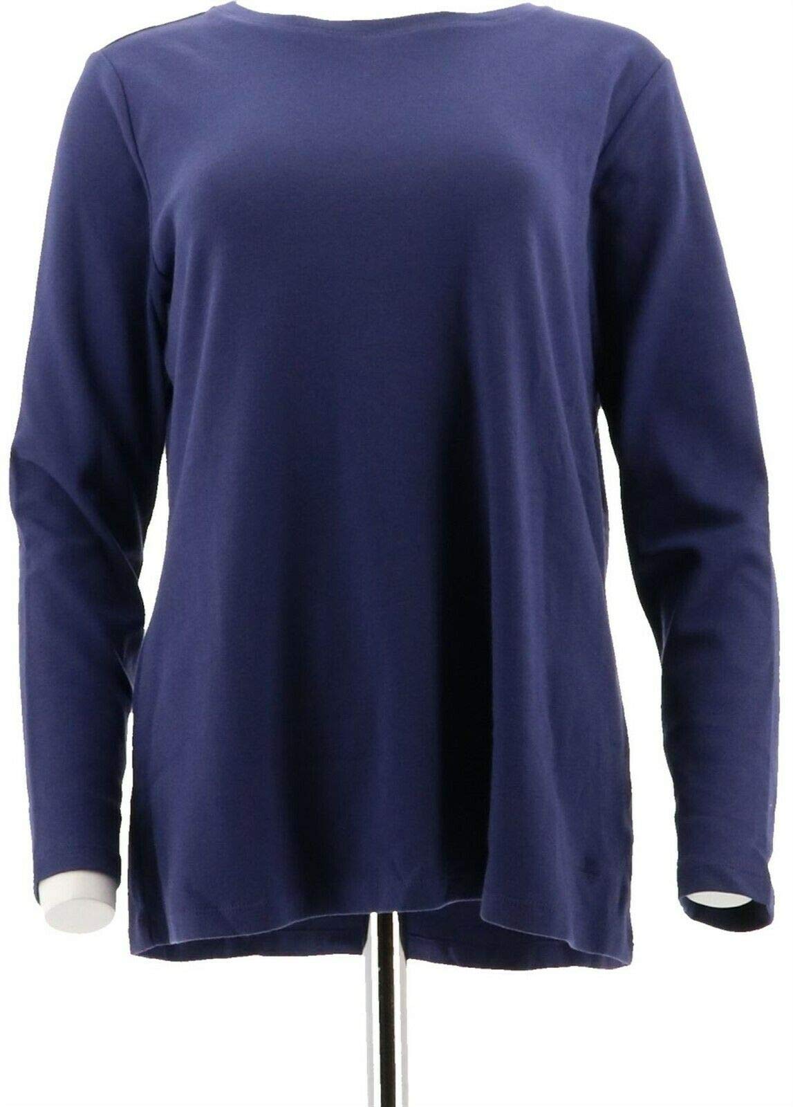 Isaac Mizrahi Comfortable Long Slv Crew Neck Knit Tee Solid Navy M NEW A210207