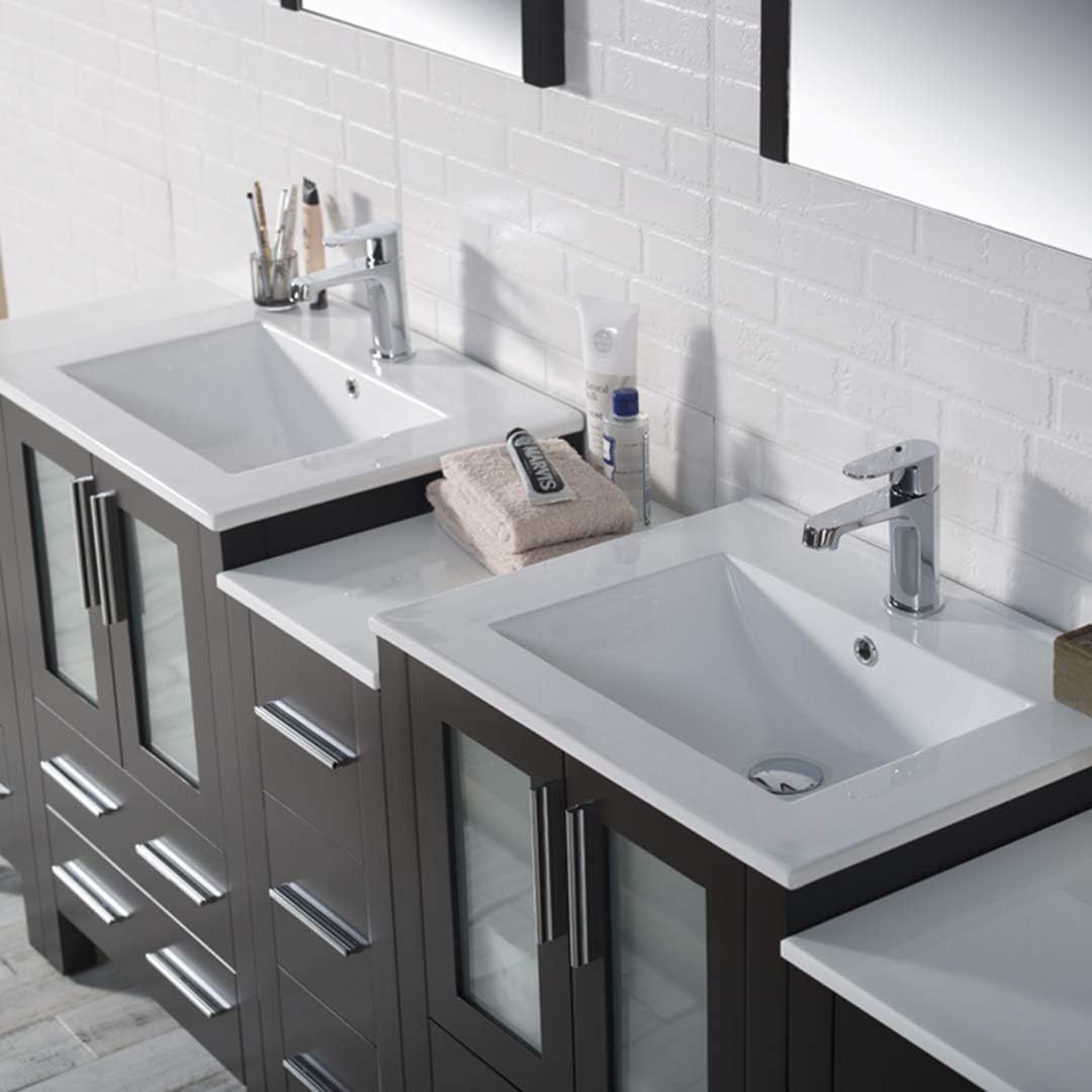 Blossom 84" Solid Wood Bathroom Vanity w/Double Ceramic Sink & Triple Side Cabinets, Freestanding Sink Vanity, Soft-Close Drawers, Tempered Glass Doors, Ceramic Top & Side Cabinet, Espresso