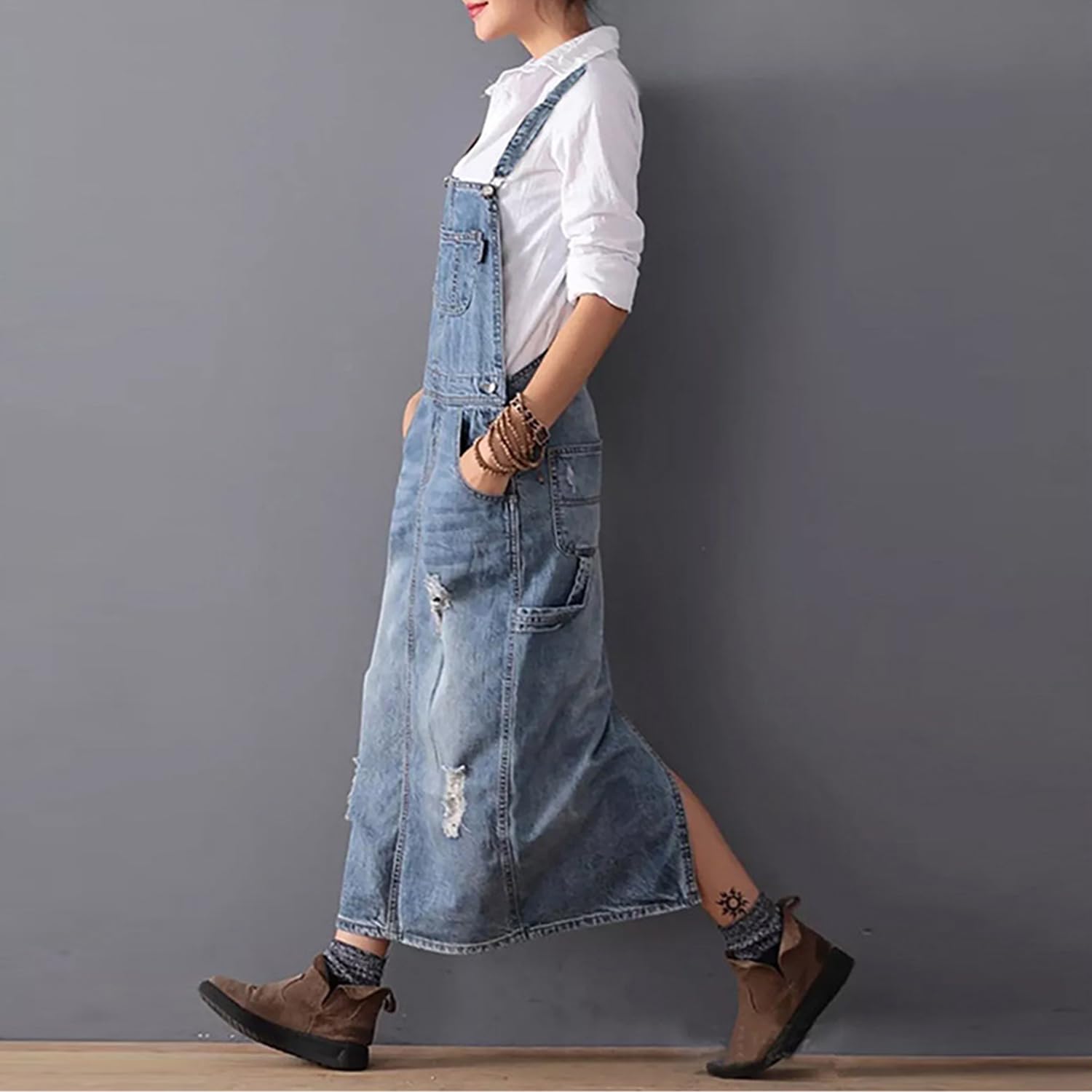 Femmes Vintage Classique Bretelles Longues Jupes Denim Délavé Délavé Salopette Robe Jupes Trous Déchirés Salopette Pinafore Salopette