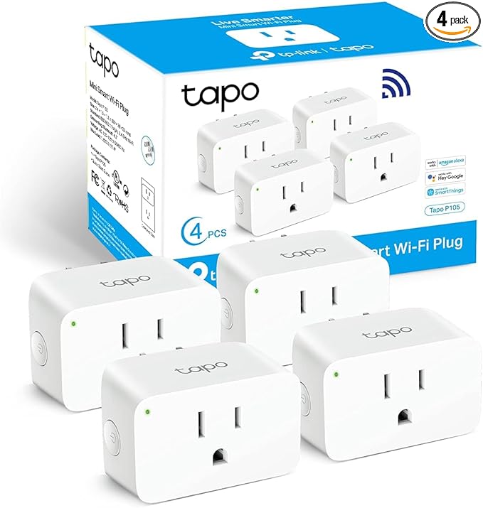 TP-Link Tapo Smart Plug Mini 15A, Smart Home Wi-Fi Plug, Super Easy Setup, Compatible with Alexa & Google Home, No Hub Required, UL Certified, 2.4G WiFi Only, White, Tapo P105(4-Pack)