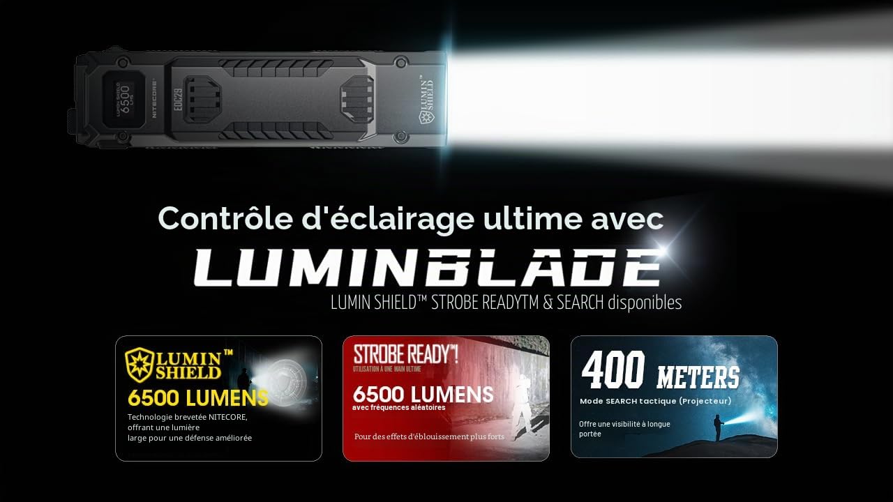 Nitecore Lampe de poche EDC29 Luminblade - Lampe de poche tactique LED rechargeable par USB - Extrêmement lumineuse - 6500 lumens - Jusqu'à 61 heures d'autonomie