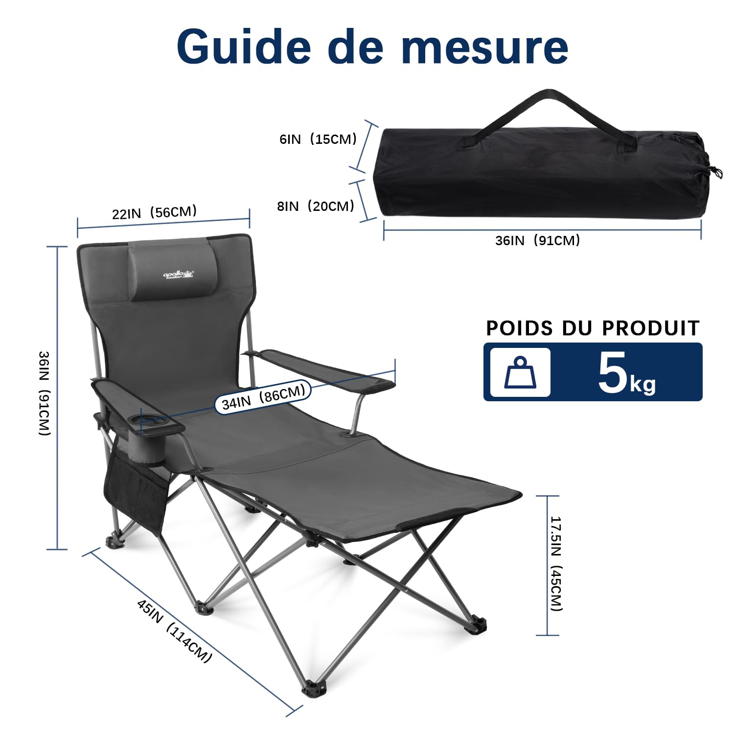 Apollo Walker Chaise de Camping Pliante en Plein Air - 120kg, Siège Portable avec Dossier Réglable, Porte-gobelet, Appui-tête et Sac - Gris