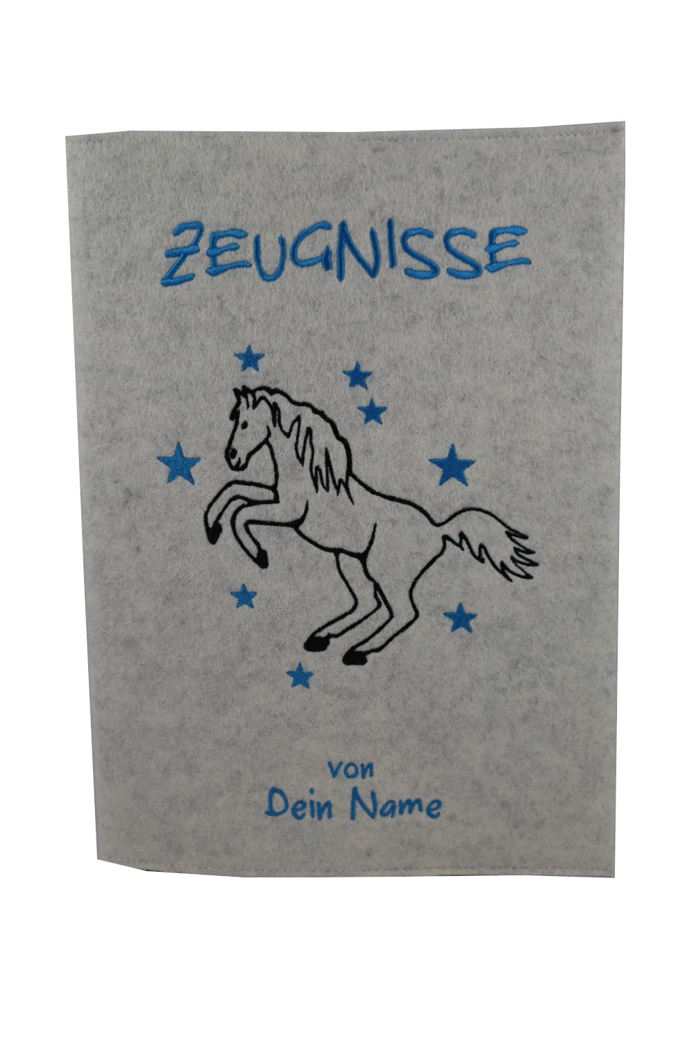 Zeugnismappe Pferd weiß personalisiert mit Namen 100% Wollfilzumschlag und Sichtbuch DIN A4 mit 20 Hüllen