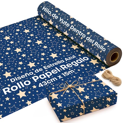 Azul Papel Regalo Navidad Kraft con Diseño de Estrellas- Rollo de Papel Regalo de 15 m x 43 cm con 2 Cuerdas de Yute - Ideal Como Papel Regalo Rollo y Papel de Regalo Navidad.