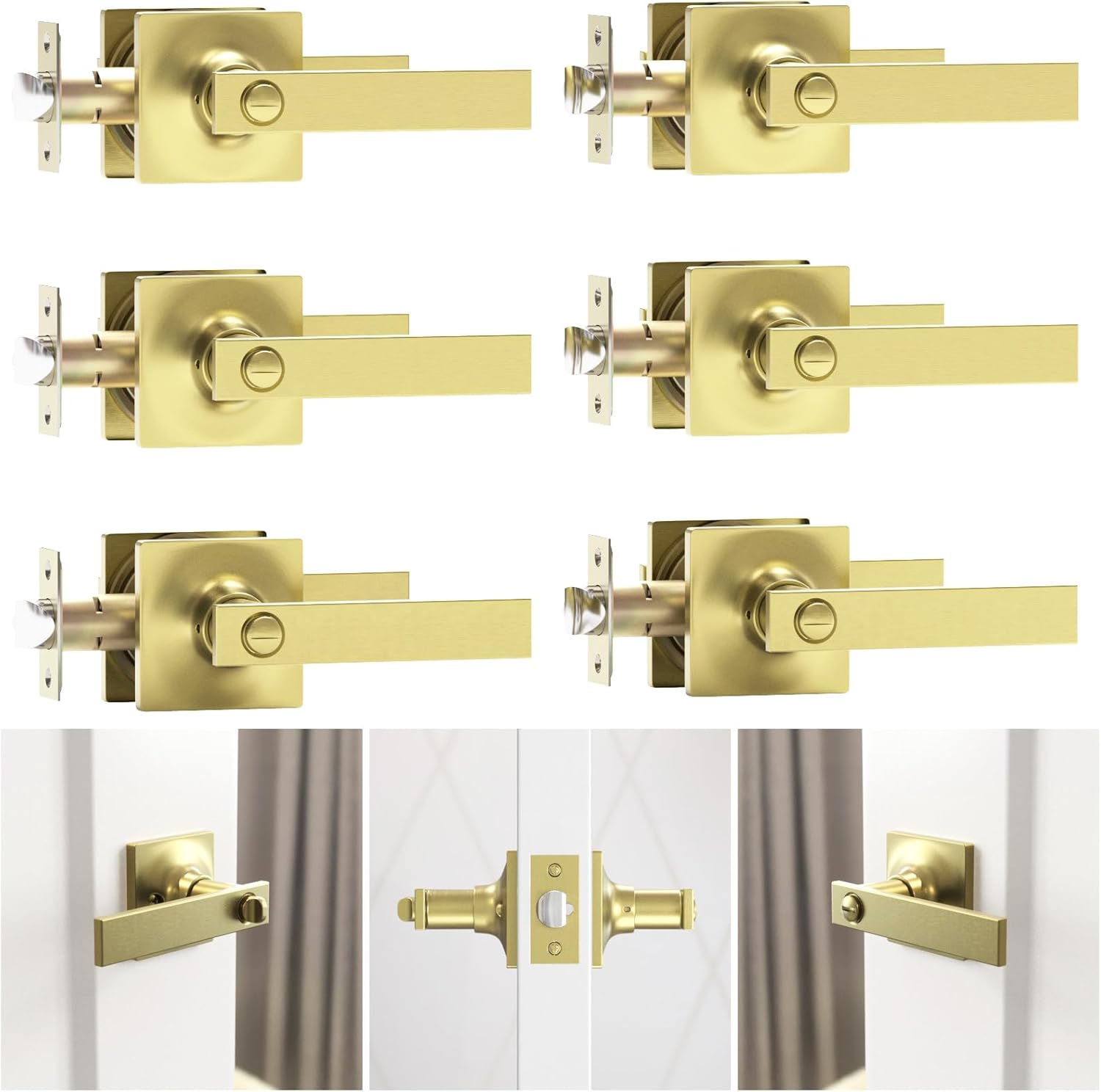 6 Pack Brushed Gold Door Handles - Privacy Door Levers Set, Keyless Interior Door Knobs, Modern Heavy Duty Square Door Lock for Bedroom or Bathroom, Reversible for Left Right Sided Doors