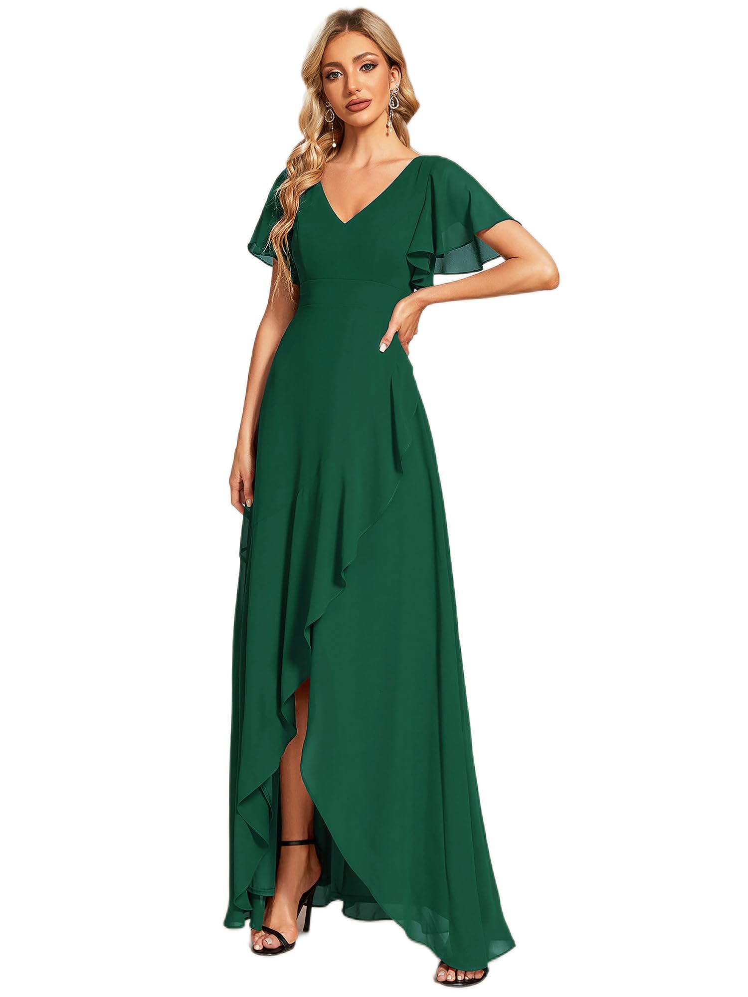 Ever-Pretty Women's Double V Neck A Line Ruffle Hem Backless High Low Chiffon Bridesmaid Dresses Vestidos Elegante 01749