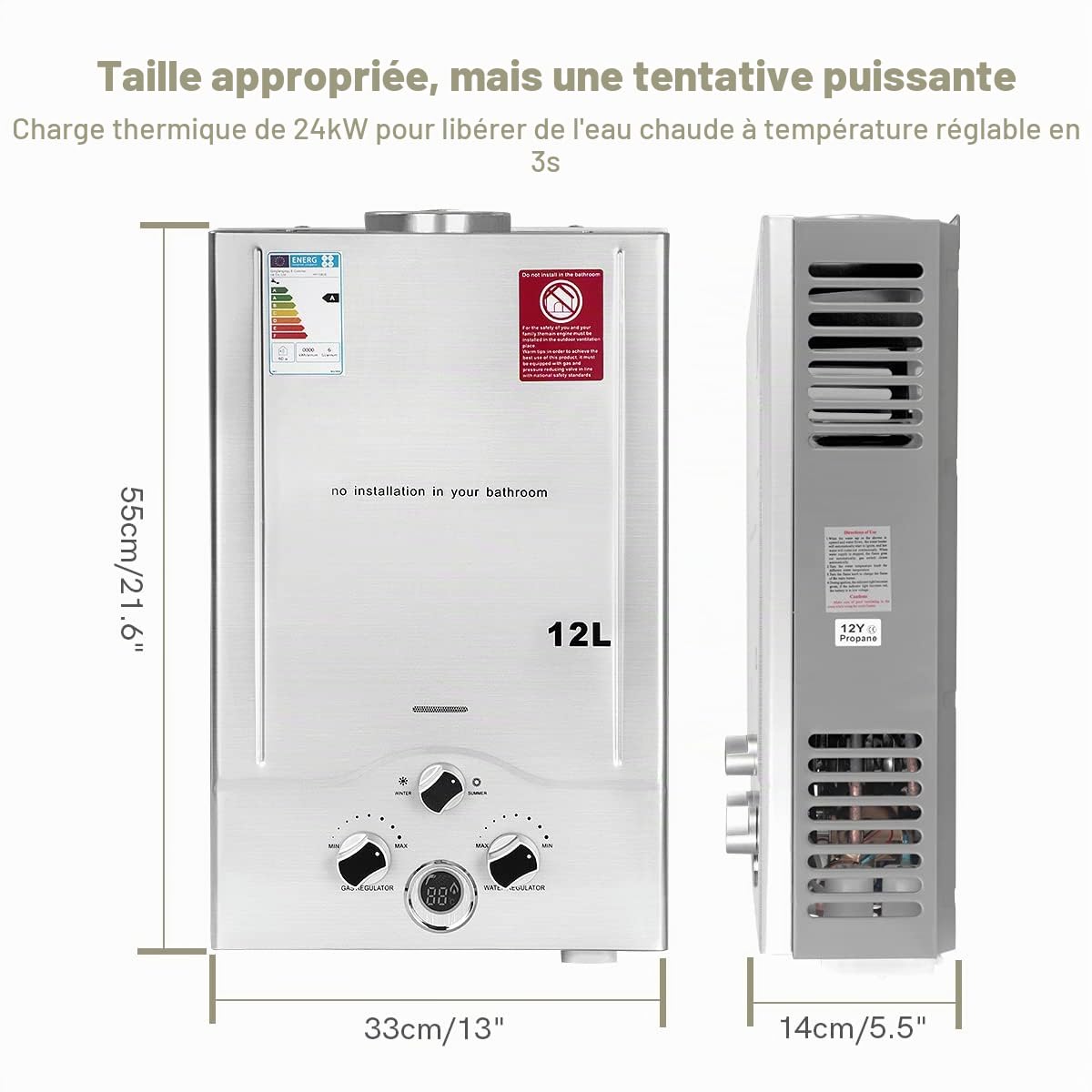 Chauffe-eau à Gaz 12LPM, Chauffe-eau Instantané Butane Propane avec une Pression d'Eau Requise Super Faible de 0,2 Bar pour Maison, Cabine, Caravane, Grange, Fonctionnant au GPL