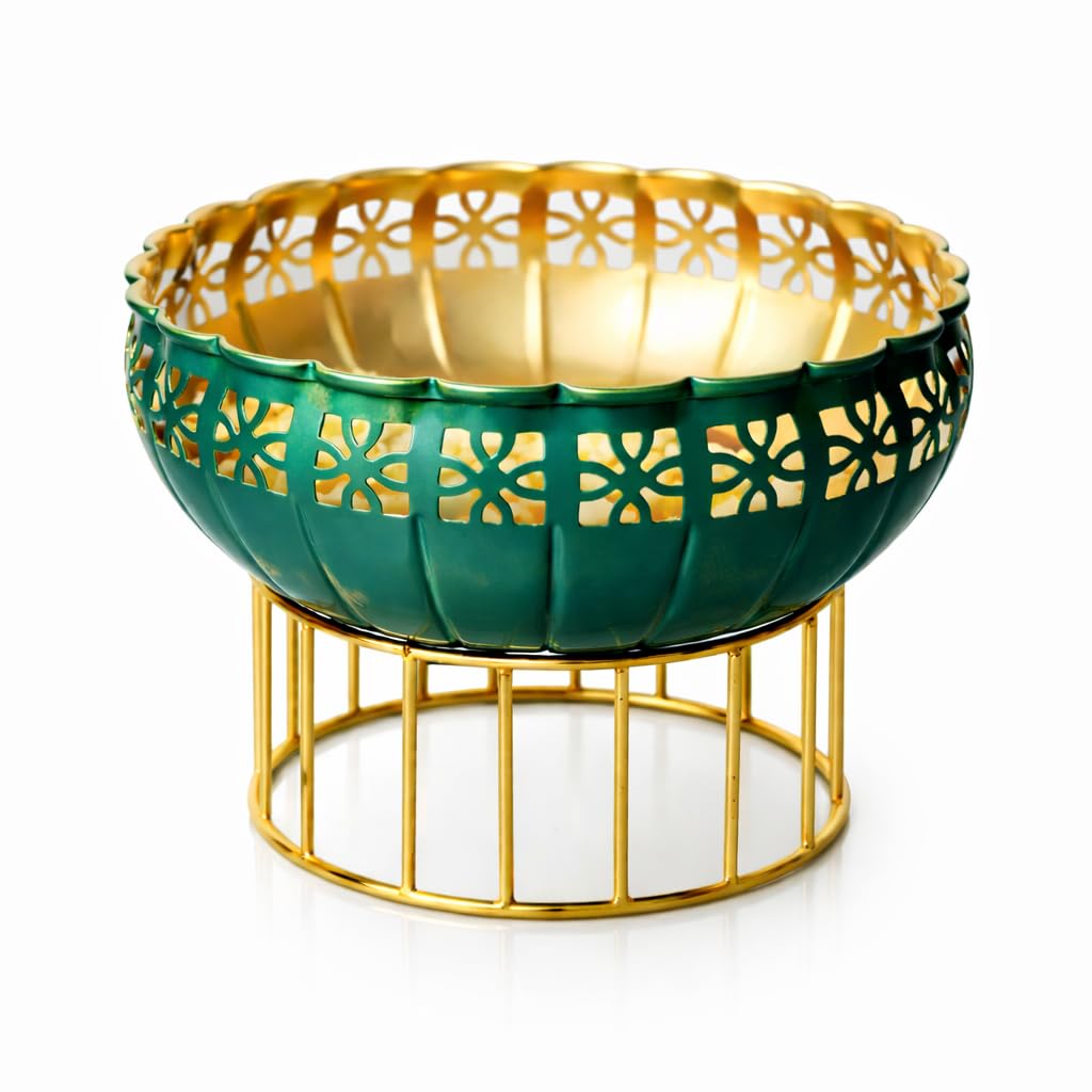 Antique Collection Green Urli Bowl with Stand for Home Décor | Floating Flowers & Tealight Candles Water Bowl for Diwali Pooja, Festivals | Iron Metal Table Decoration | Gift for Housewarming, Wedding-image-23