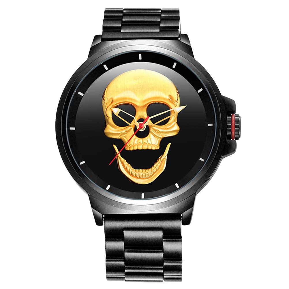 HemoblloMen Watches - Creative 3D Skull Men's Watch Cool Luxury Casual Vintage Quartz Wristwatch (Black Shell Golden Surface)