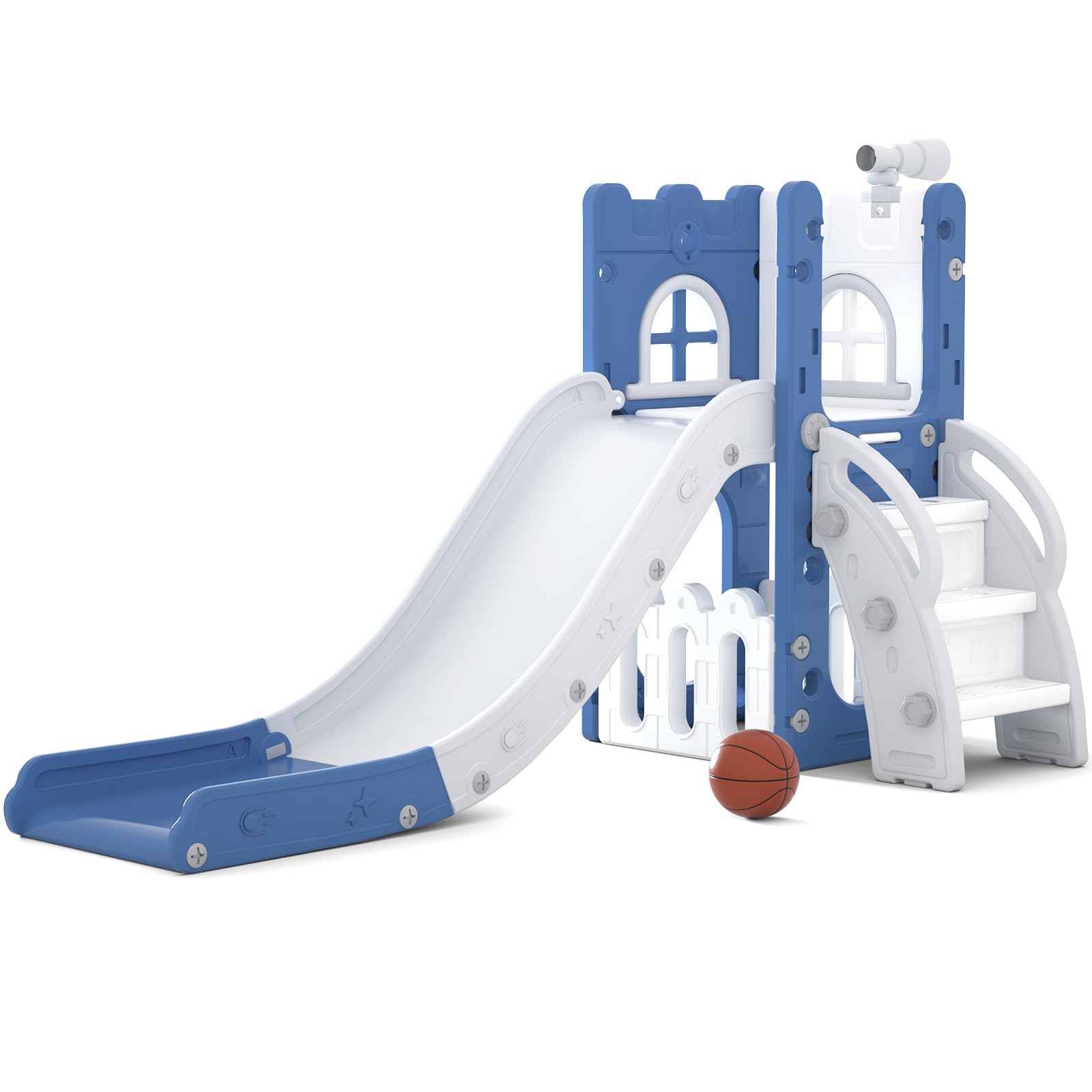 LulliSpace 6 in 1 Toddler Slide for Toddler&amp;Kids,Kids Climber Slider for Indoor Outdoor Playground with Storage,Telescope,Basketball Hoop and L Shaped Slide for Toddler Climber Playset,Blue