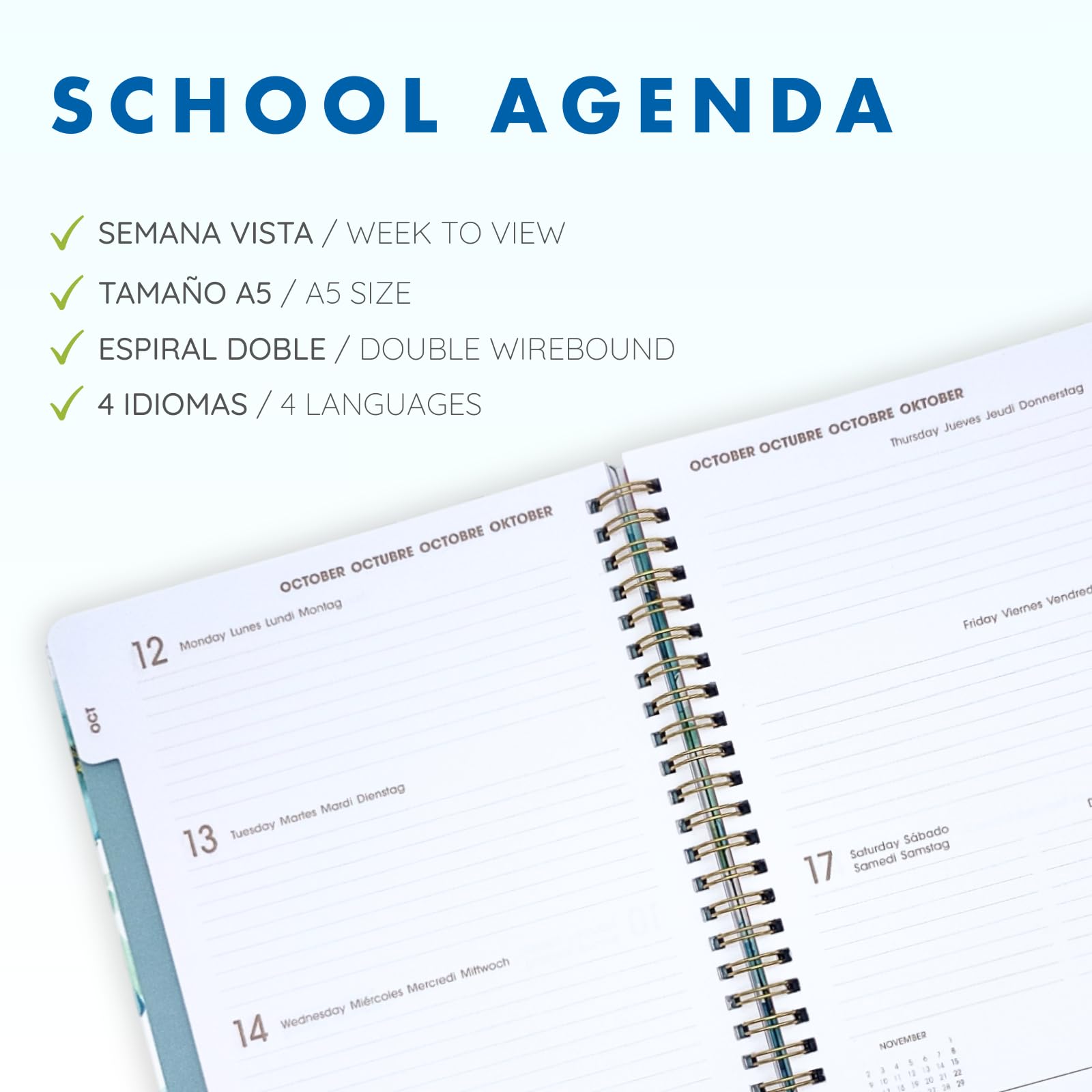 Agenda Scolaire 2026 2027 A5 17x21 cm Semaine Vue Couverture Simili Cuir Spirale Double Élastique Stickers Black Mousse