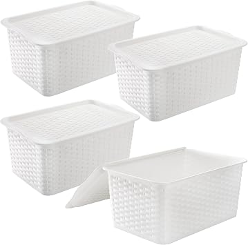 Dicunoy 4 Pack Lidded Storage Bins with Lids, White Stackable Storage Baskets for Shelf, Plastic Pantry Organizer with Handle for Home, RV, Lockers, Classrooms, School, Toys, 11" x 7" x 5"
