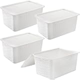 4 Pack Lidded Storage Bins with Lids, White Stackable Storage Baskets for Shelf, Plastic Pantry Organizer with Handle for Home, RV, Lockers, Classrooms, School, Toys, 11