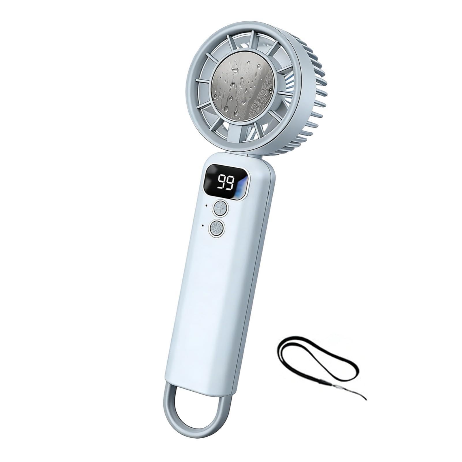 Portable Handheld Fan, Foldable Handheld Fan with Ice Cooler, Rechargeable Mini Ice Turbo Fans Handheld, 100-Speeds, LED Display, Quiet Powerful Mini Cooler for School Commute Camping Workout、White
