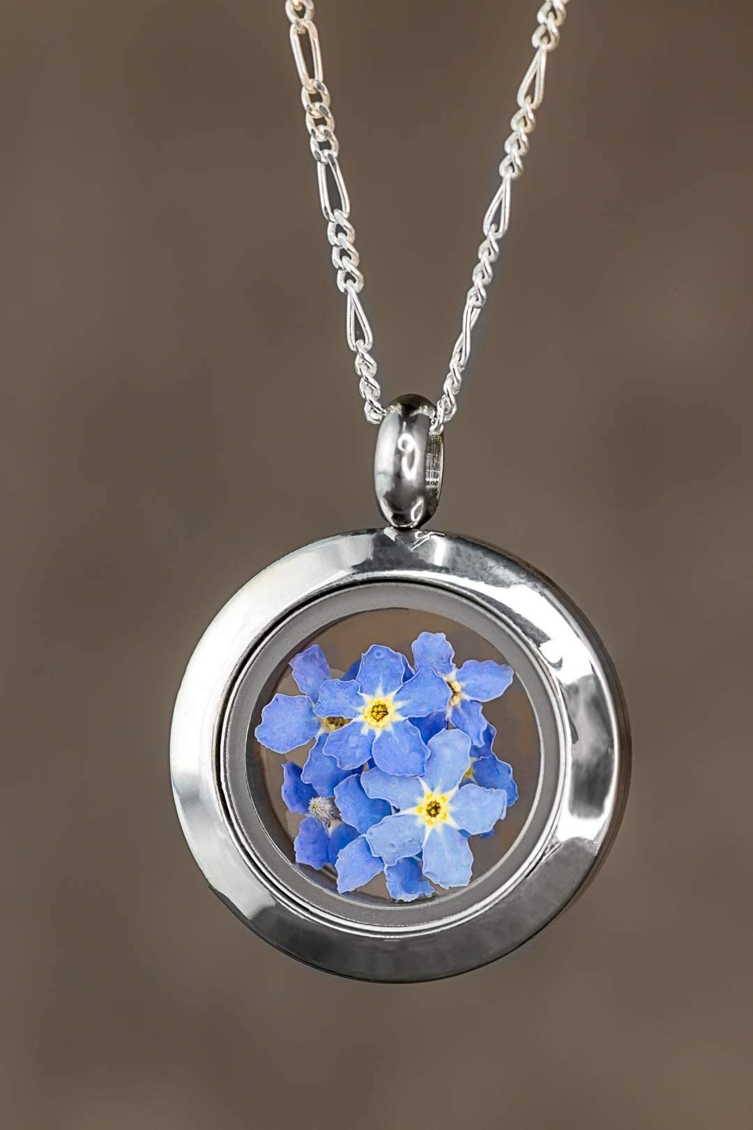 MadamLili 925 Sterling Silber Medaillonkette | Mit echten Vergissmeinnicht-Blüten | Andenken an Verstorbene | Geschenk für Frauen, Mama, Schwester & Beste Freundin | Erinnerungsschmuck