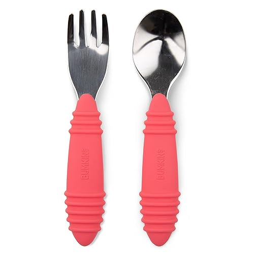 Vista 181 de Bumkins Juego de utensilios para bebé, cucharas de silicona para sumergir, autoalimentación, destete LED para bebés, aprendizaje de entrenador, A1