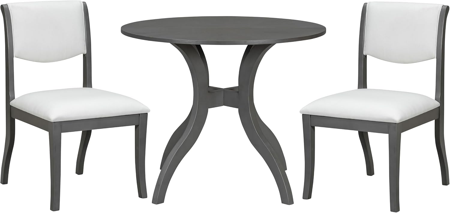 Dining Table Set, 39.4" Round Table + 2 Chairs, Traditional Solid Wood Kitchen Set with Inlaid Tabletop, Elegant Curved Legs for Dining Room, Grey+White
