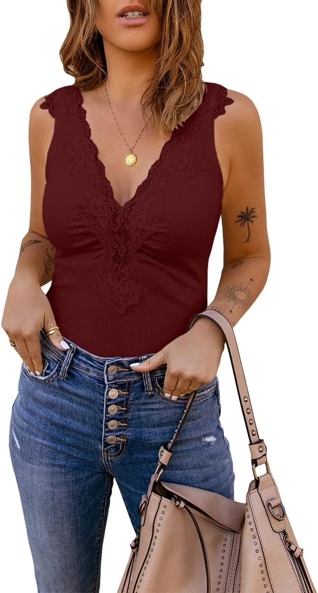 Womens Lace Patchwork Sexy Deep V Neck Knitted Vests Summer Camis Tank Tops - Image 2