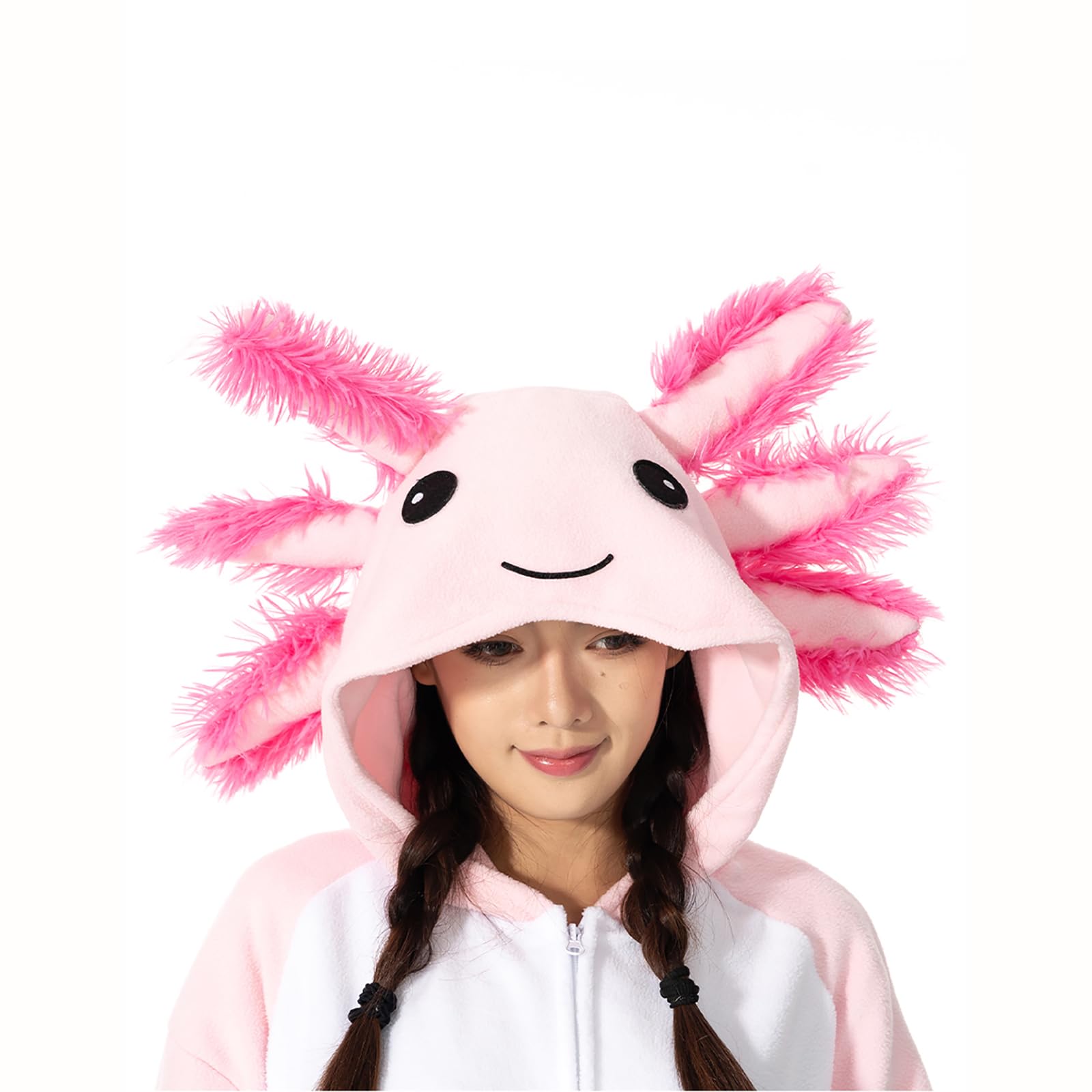 LANFAN Erwachsene Onesie Axolotl Kostüm Pyjama Herren Damen Unisex Cosplay Tier Plüsch Nachtwäsche Halloween Jumpsuit für Schlafanzug