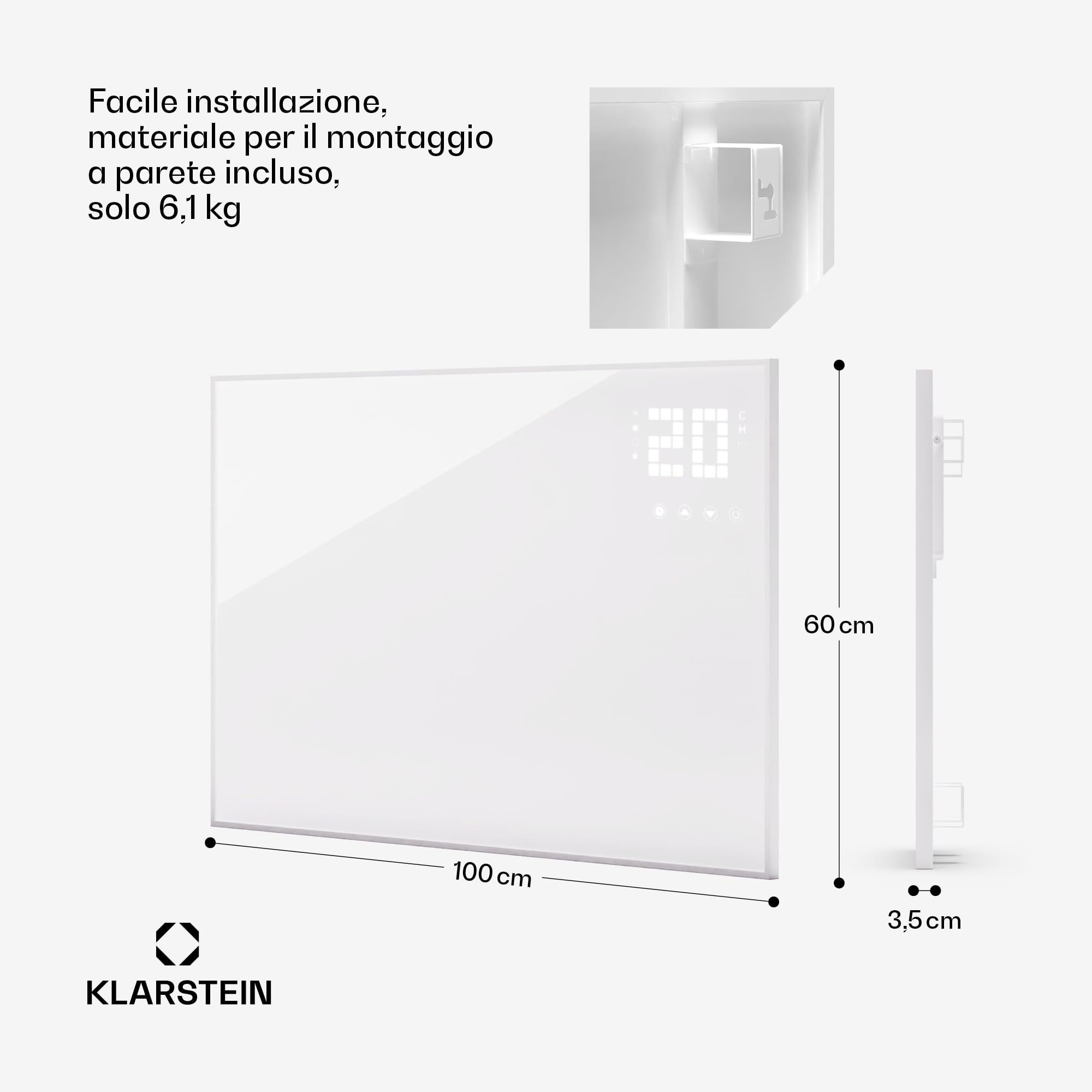 Klarstein Stufa Elettrica Infrarossi Basso Consumo, Pannello Radiante 600W, Telecomando e Timer, WiFi App per Riscaldamento No CO2