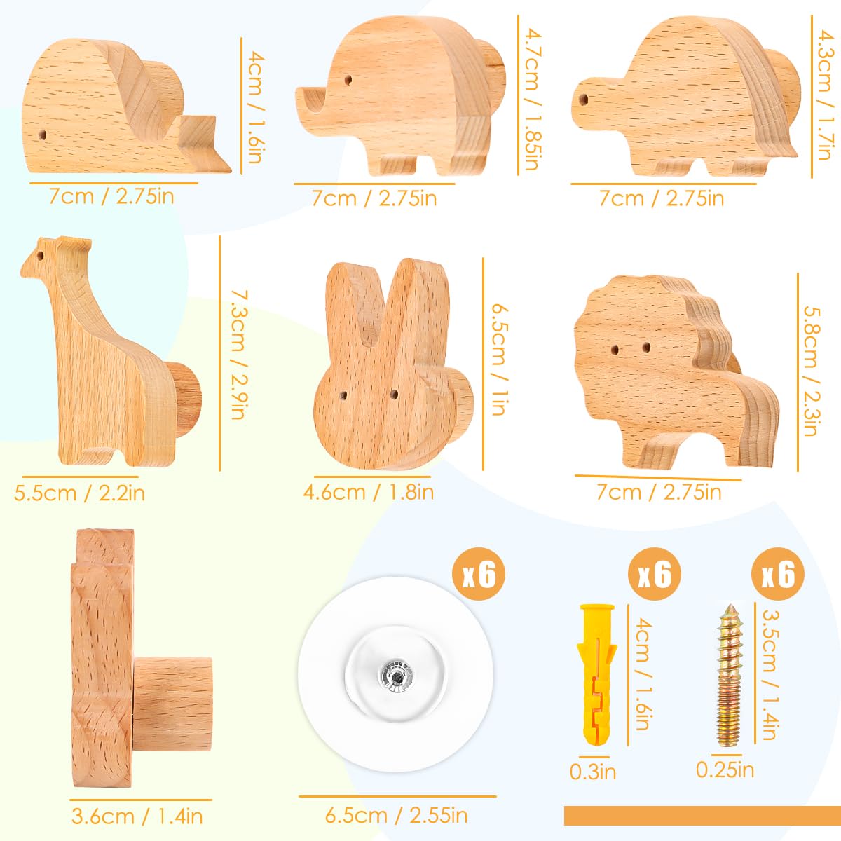 Ganci Appendiabiti per Bambini 6 Pezzi Autoadesivi in Legno con Animali Senza Foratura