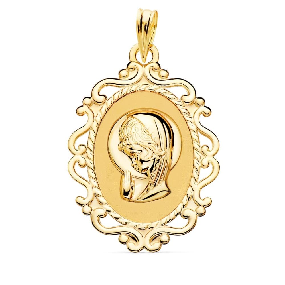 Virgen Niña medalla oro 18k Primera Comunión colgante 31mm. ovalada borde detalles calados - Personalizable - GRABACIÓN INCLUIDA EN EL PRECIO