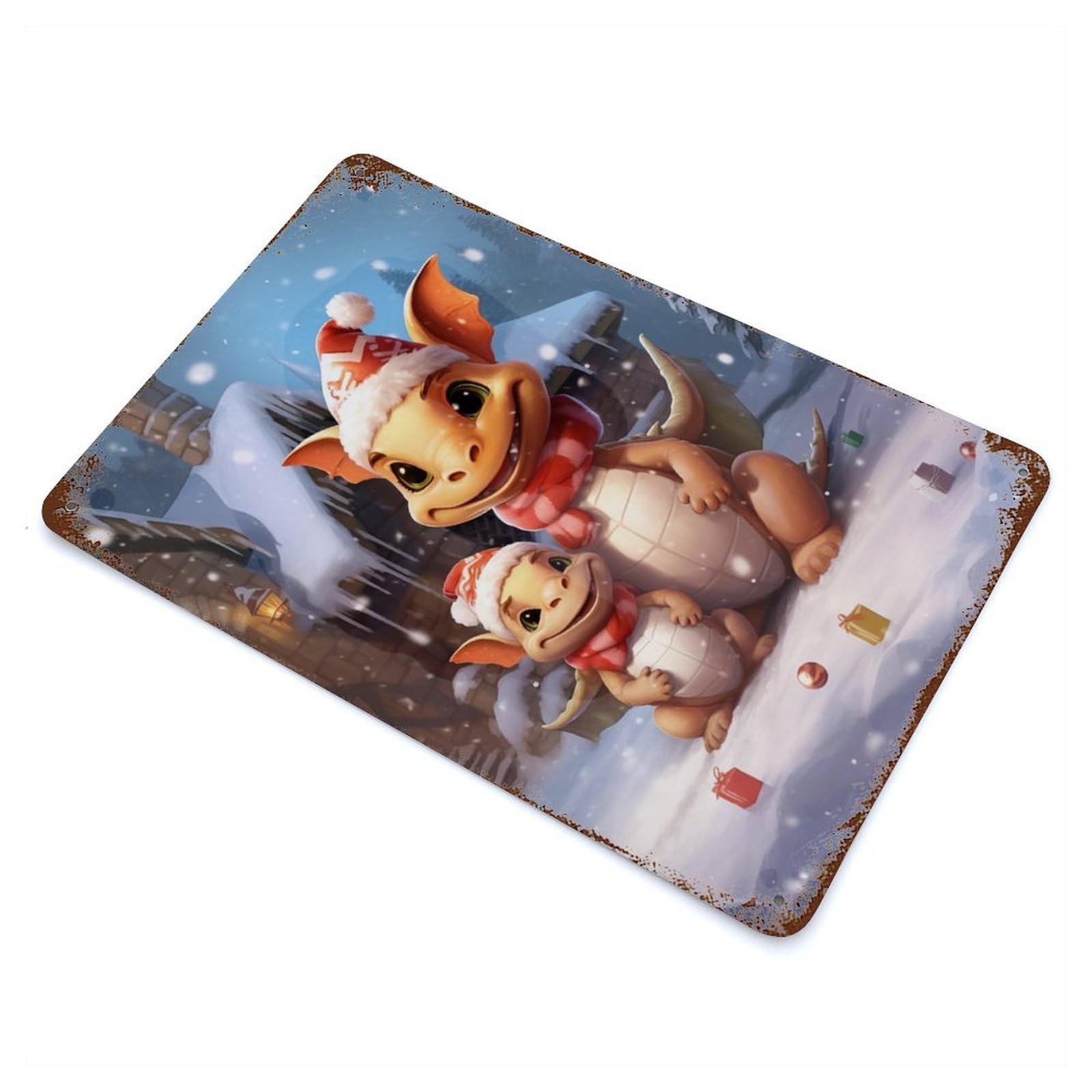Dragon Family Xmas 11.8"x7.9" Vintage Rust Metal Sign, Shabby Chic Decor for Garage, Bar And Workshop Decor