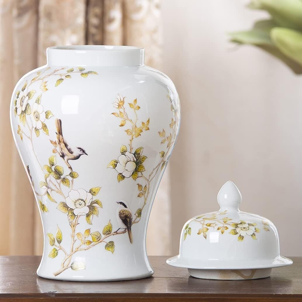 Food Storage Jar,Decorative Jar Ginger Jar Vase Decor White Ceramic Ginger Jar with Lid for Home Decor,Traditional Chinese Flowers and Birds Temple Jar Ginger Jars Storage,A-18.5 * 35Cm