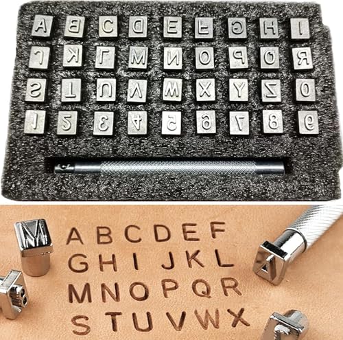 KEWAYO Kit d'Estampage Cuir 37 Pièces Poinçons Métal Acier Argenté (26 Lettres + 10 Chiffres) avec Poignée Ergonomique Outils Professionnels pour...
