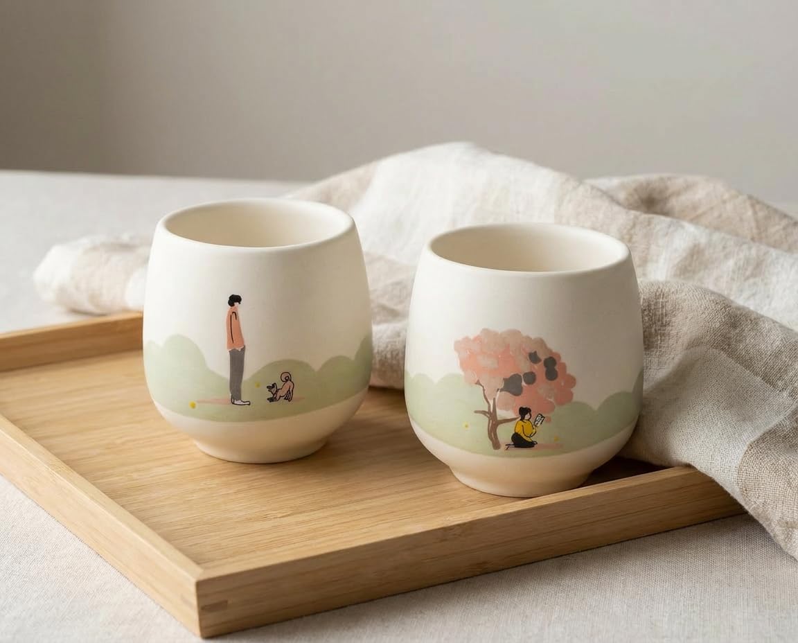 Sommer Set! - Keramik Trinkbecher, 110ml, 2-er Keramik set, Elfenbeinweiß, Japanische Teetasse, Kaffee, Nachtisch, Snacks