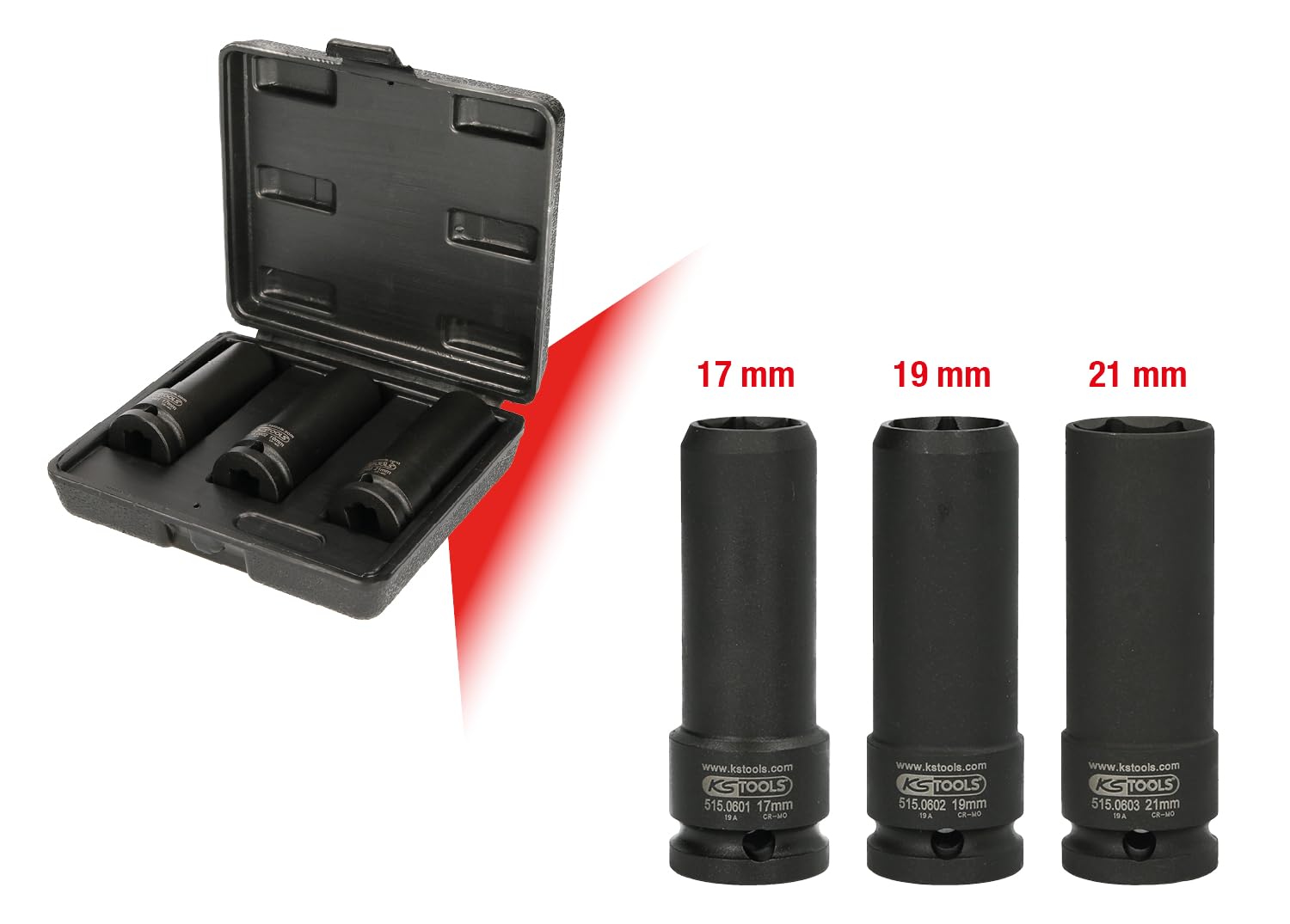 KS Tools 515.0605 Komplet specjalnych nasadek udarowych 1/2" do skręcanych tarcz dystansowych, 3-szt