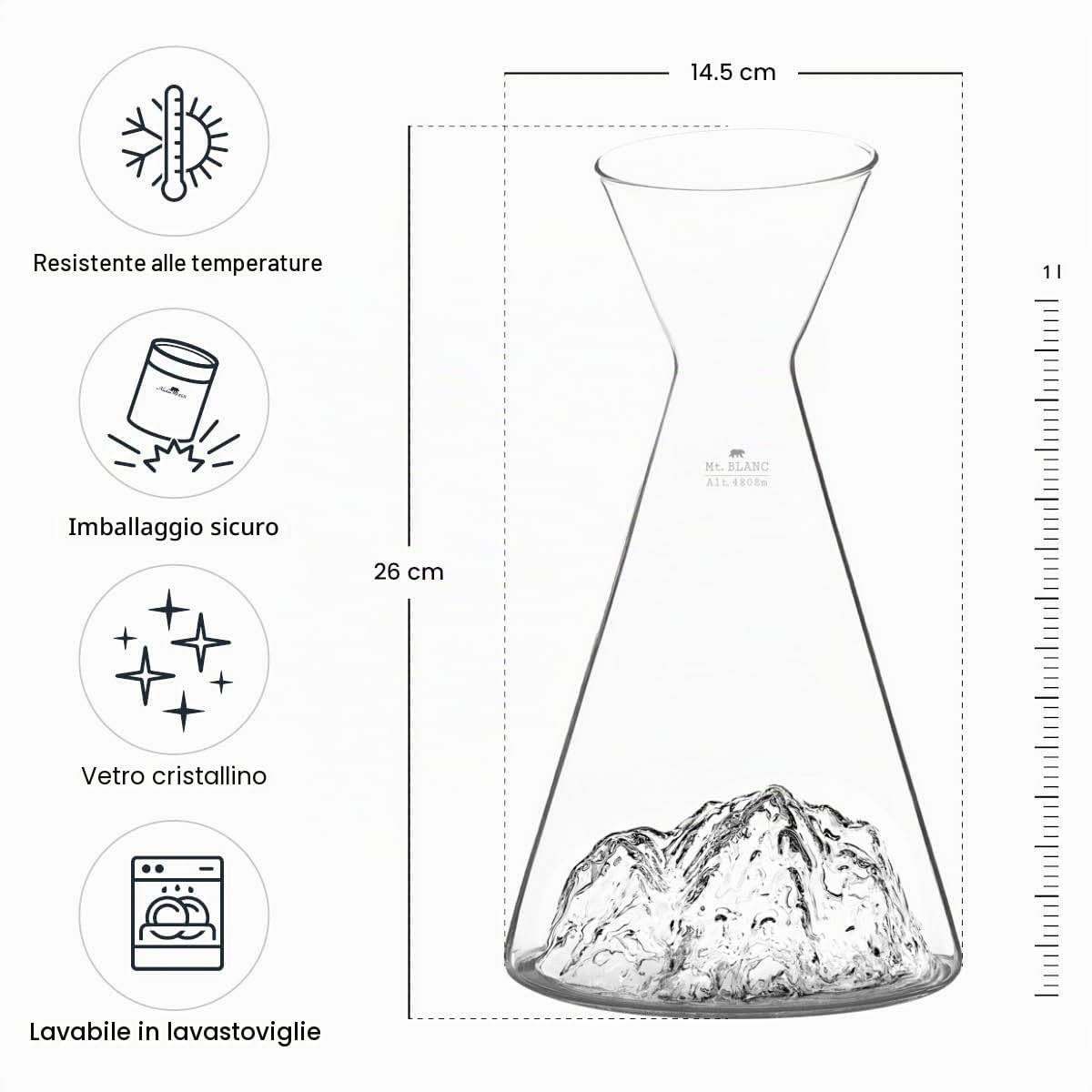 Caraffa da 1 L | In vetro borosilicato di alta qualità soffiato a mano con montagne in rilievo | TOPOGRAFICO (Monte Bianco)