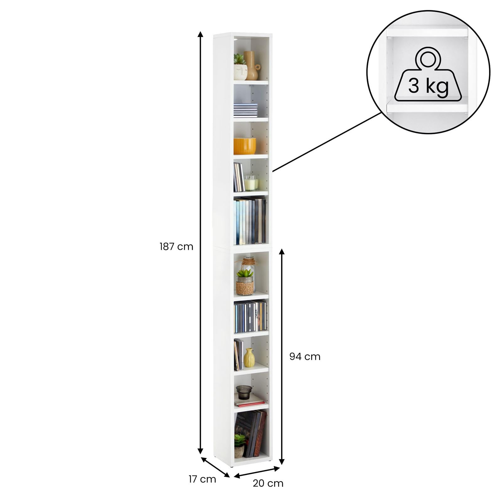CARO-Möbel CD DVD Blueray Regal Chart in Weiß – Zweiteiliges Medienregal, Aufbewahrung, CD-Ständer mit 10 Fächern für bis zu 160 CDs, 20x187 cm (B x H)