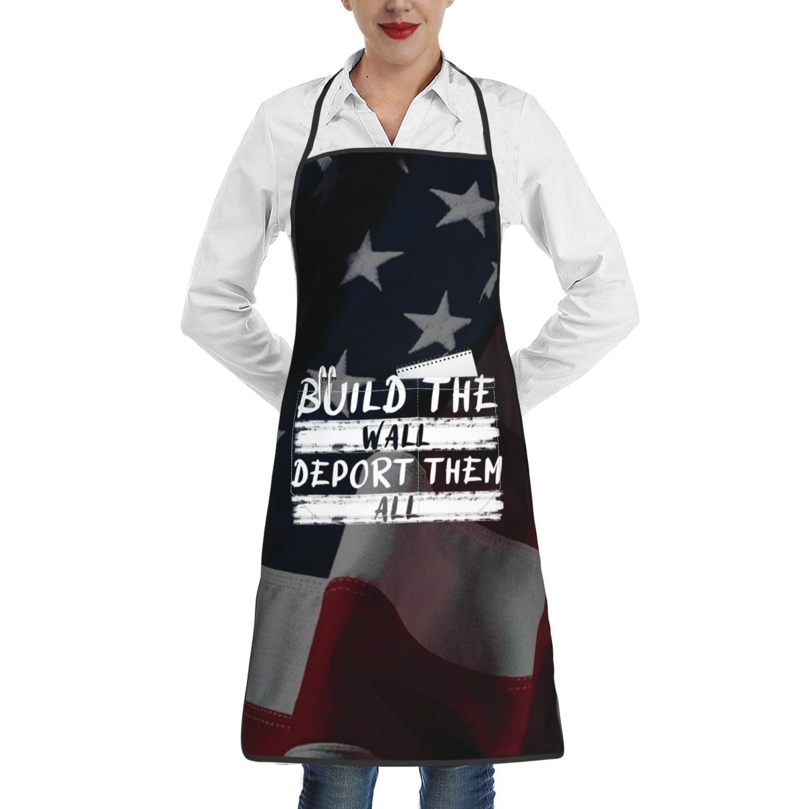nopicsn Build The Wall Deport Them All Apron for cooking with Pockets Women Men Kitchen Chef Funny Aprons
