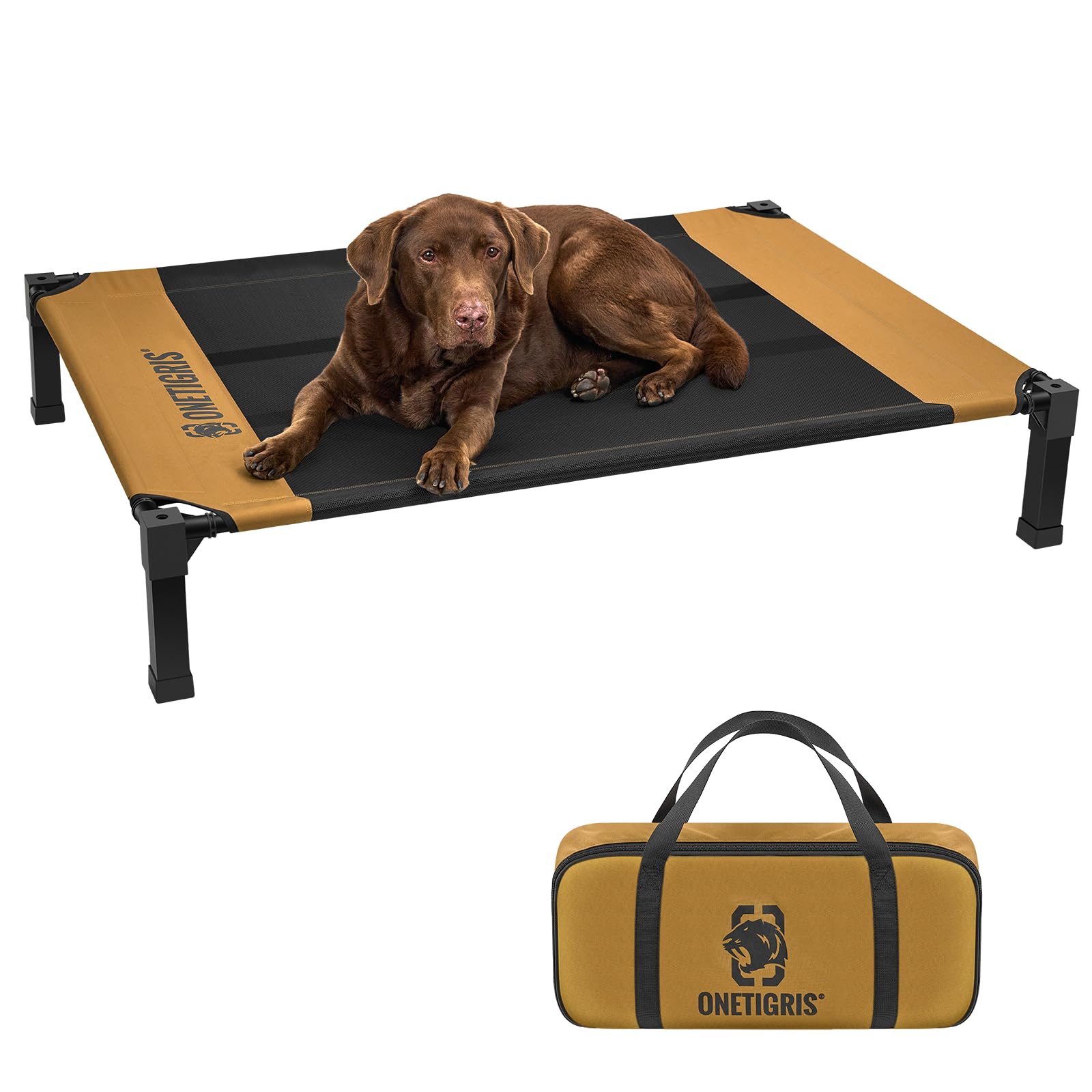OneTigris Lettino per cani, letto rialzato, 130 x 91 cm, altezza 23 cm, facile da montare, traspirante, durevole, facile da pulire, adatto per interni, cortili, esterni, marrone, L