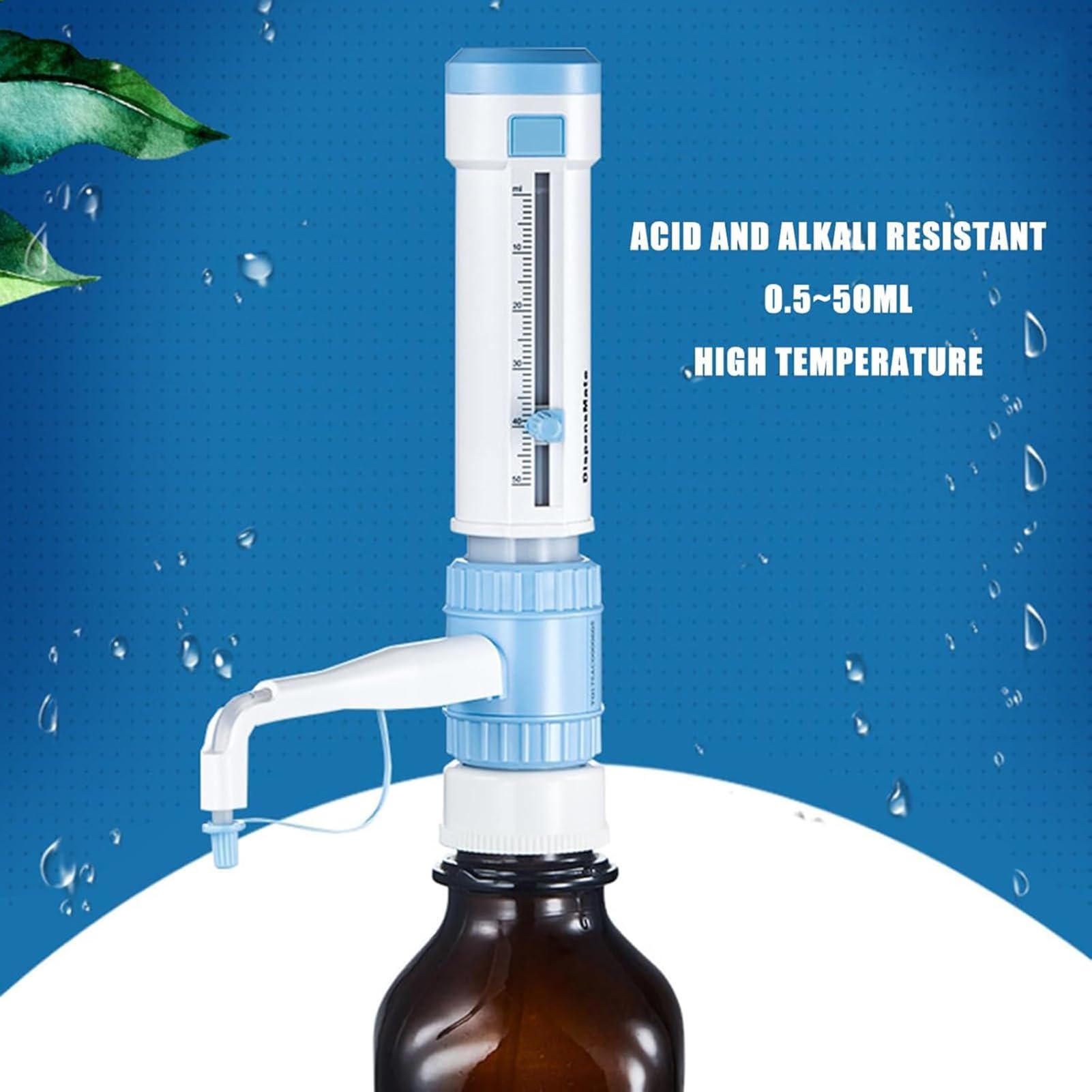 Distributeur de liquide de laboratoire avec adaptateurs pour goulot de bouteille – Réglage précis du volume pour distribuer des solvants, des réactifs, des produits chimiques (0,5 à 5 ml) – Matériau