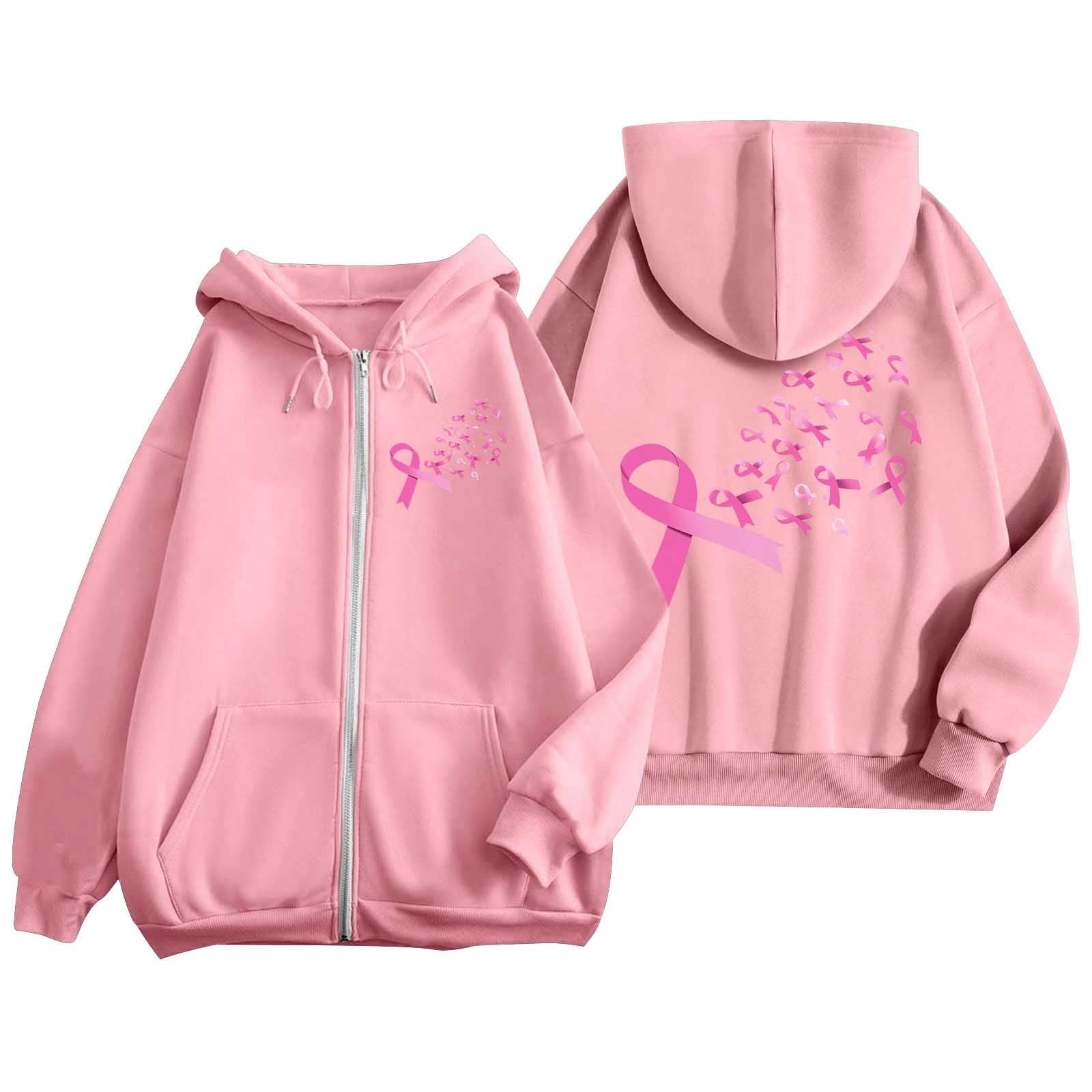 Sweat à Capuche Zippé Femme Octobre Rose - Ruban Rose Cancer Du Sein, Coton Chaud Avec Poches, Style Décontracté Automne/Hiver