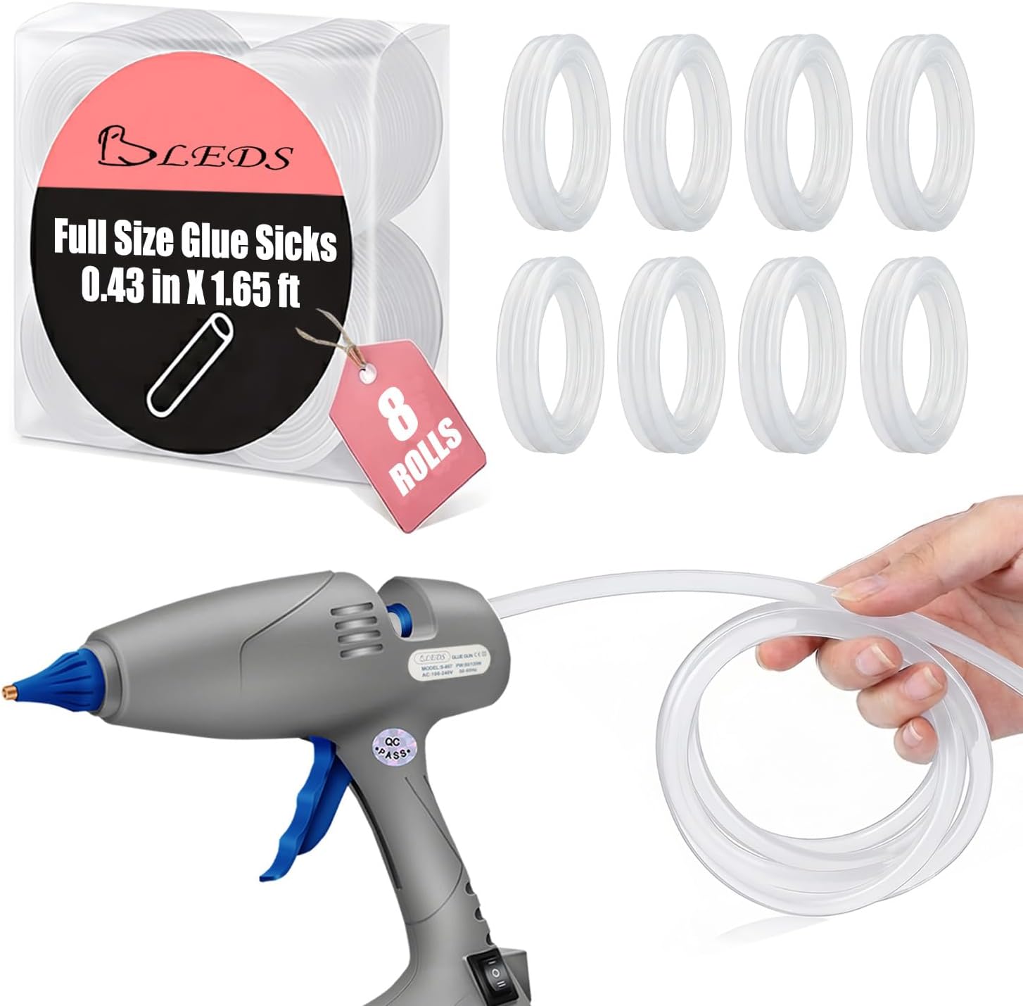 8 Pack Long Full Size Hot Glue Sticks, Each 1.65Ft Long X 0.43” Diameter