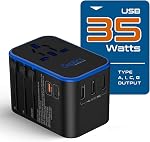 Ceptics World International Travel Plug Adapter - Powerful 35W with Pd & QC 3.0 Dual USB-C Power - 3 USB Ports Wall Charger Type I C G A Outlets 110V 220V A/C - EU Euro US UK
