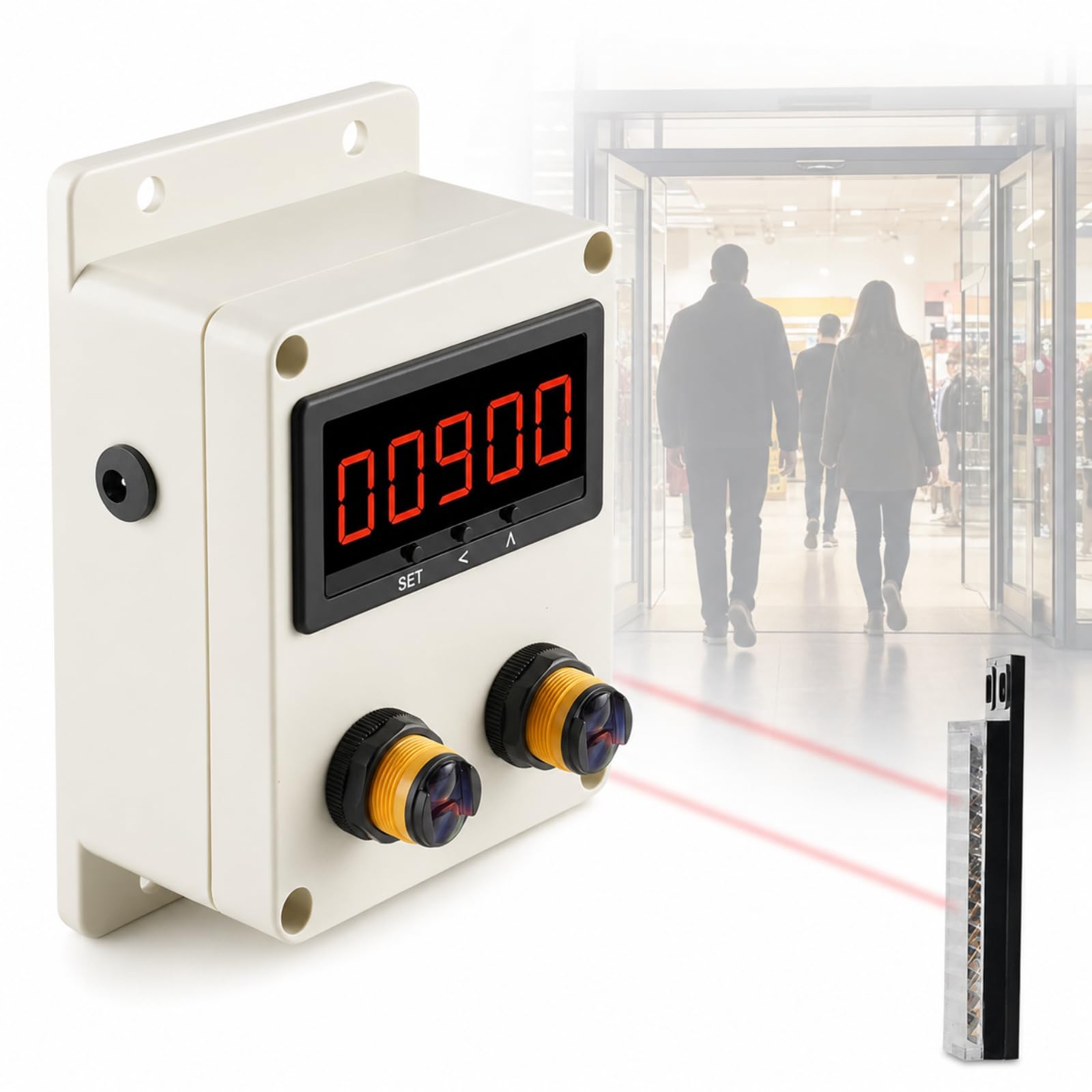 AMQYDT People Counter, Retail Traffic Counter With Dual Infrared Sensors, Reflector Sensing Distance 2m, Bidirectional In Out Counting, Led Display For Store Visitor Flow Tracking