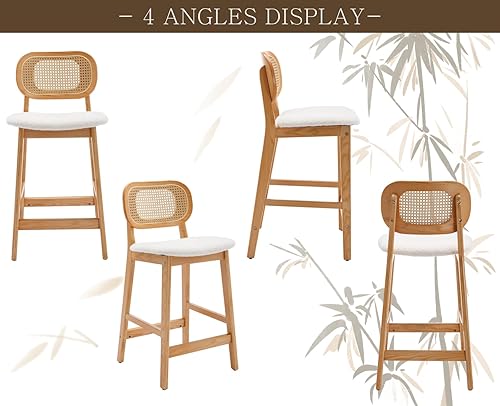 Miniatura 4 de Shunzhi Juego de 2 taburetes de bar de altura de mostrador, modernos de mediados de siglo, con respaldo de ratánsillas de bar de madera natural,