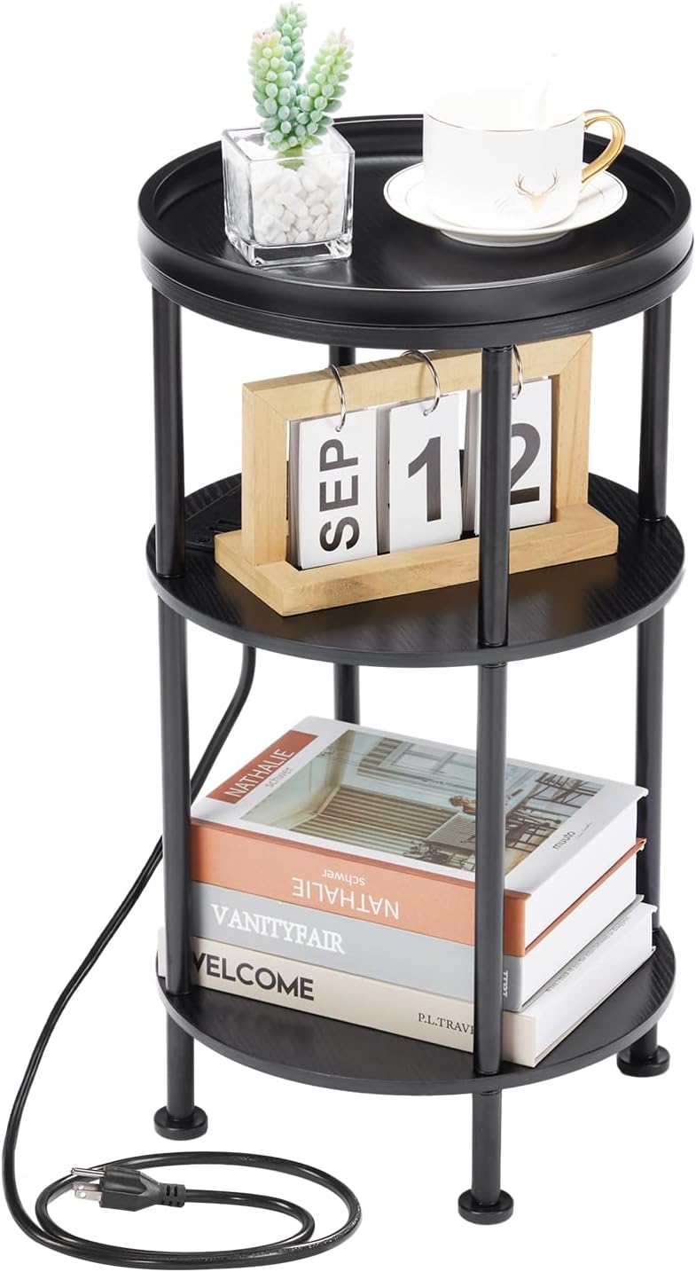 Small Round End Table with Charging Station for Narrow and