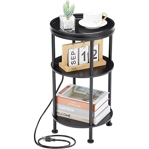 Small Round End Table with Charging Station for Narrow and Small Space, 3-Tier Accent Couch Beside Table with 2 USB Ports & Power Outlets,Sofa Side Table for Living Room Bedroom Apartment (Black)