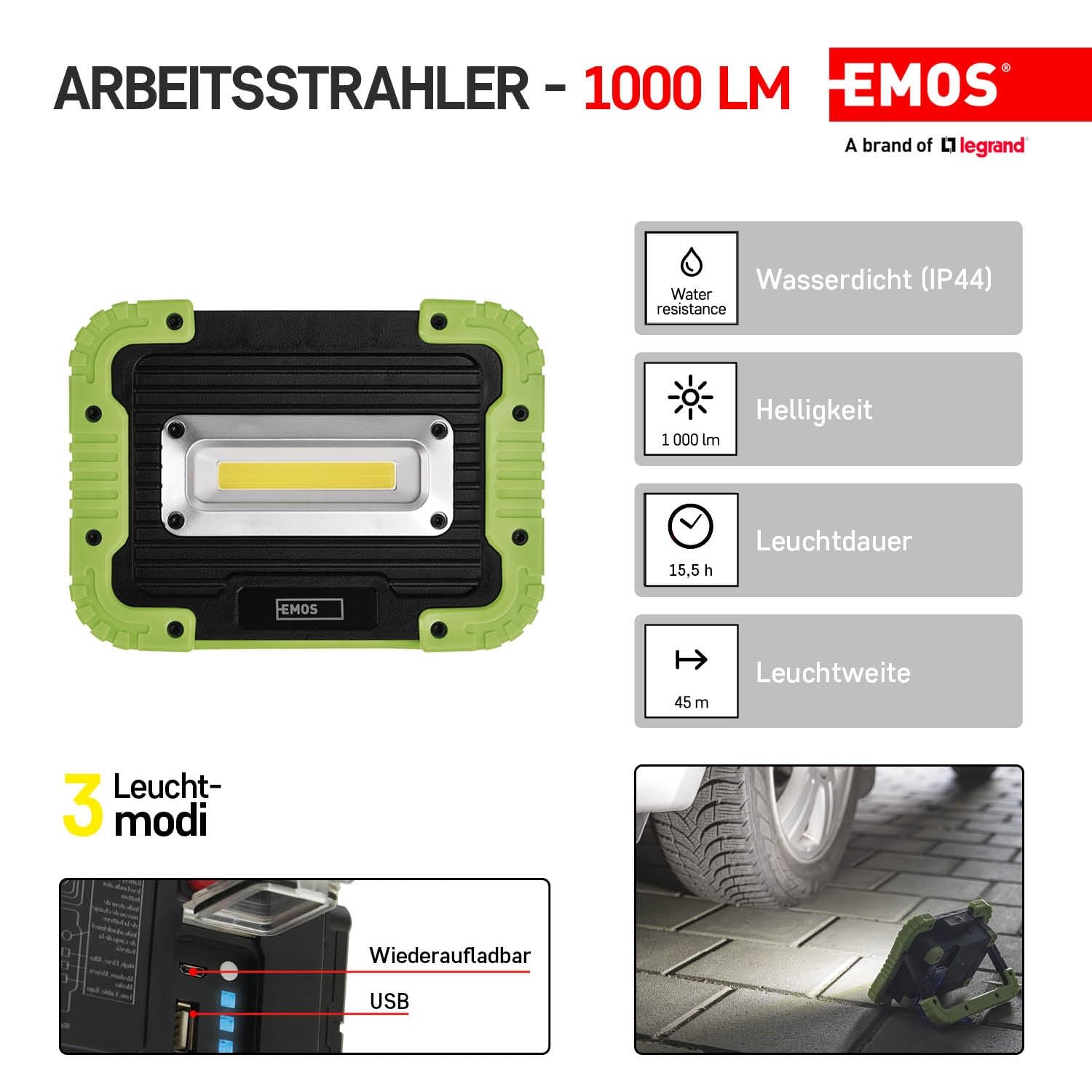 EMOS - Lampe de travail LED rechargeable - Résistante aux chocs et étanche - max. 1000 lm, max. 45 m - 3 modes d'éclairage - 15,5 heures - câble micro USB - IP44 pour l'extérieur - noir/vert
