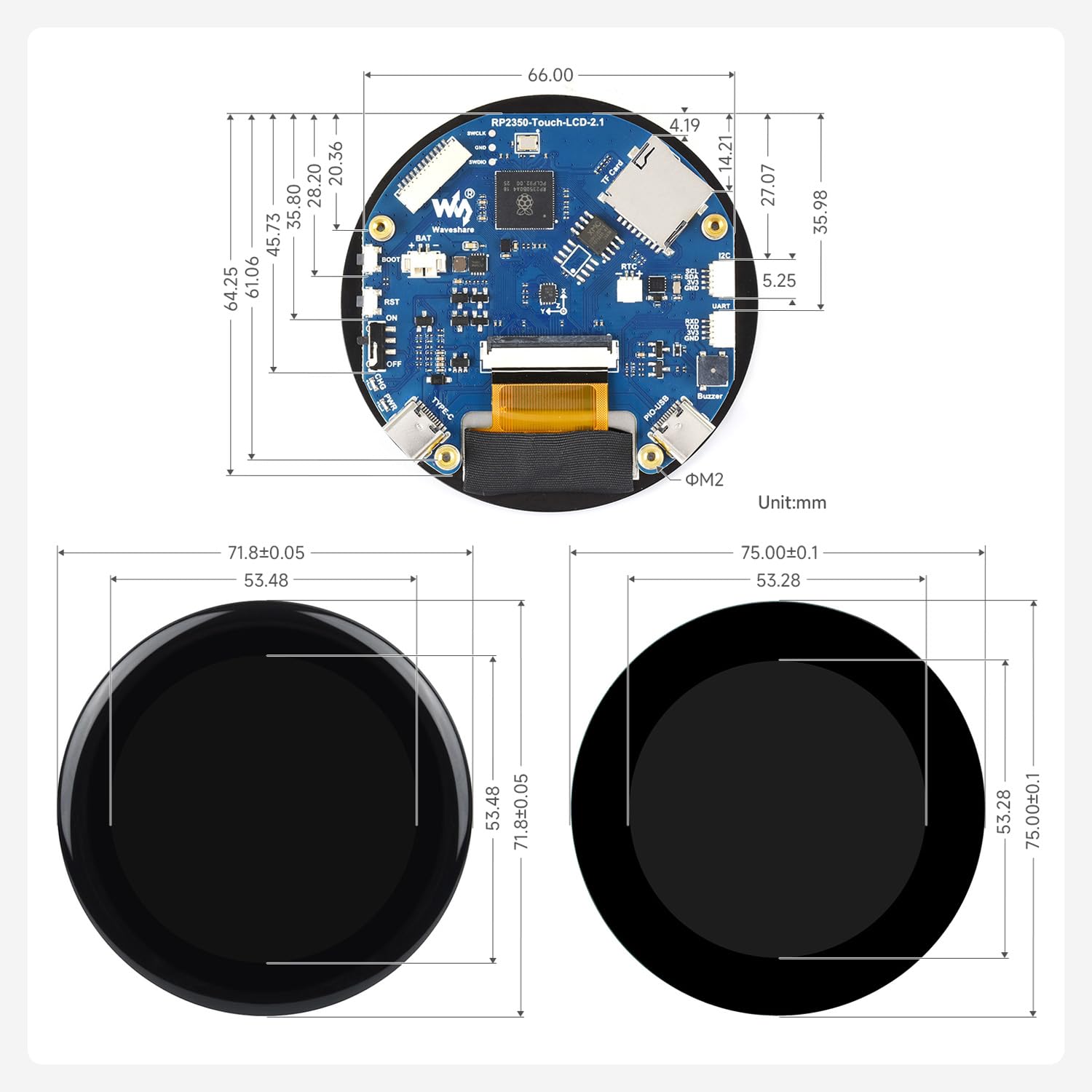 KLAYERS RP2350-Touch-LCD-2.1, płyta mikrokontrolera All-in-One, wersja z płaskim panelem dotykowym, wyświetlacz panelowy IPS 480 × 480, kolor 65K