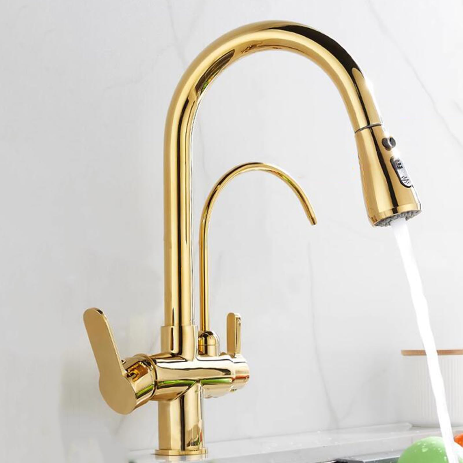 ZYCHSJXA Kitchen Tap 3 Way with Pull Out Spray Gold Taps in 1 Swivel Brass Hot and Cold Water Pure Water-Gold