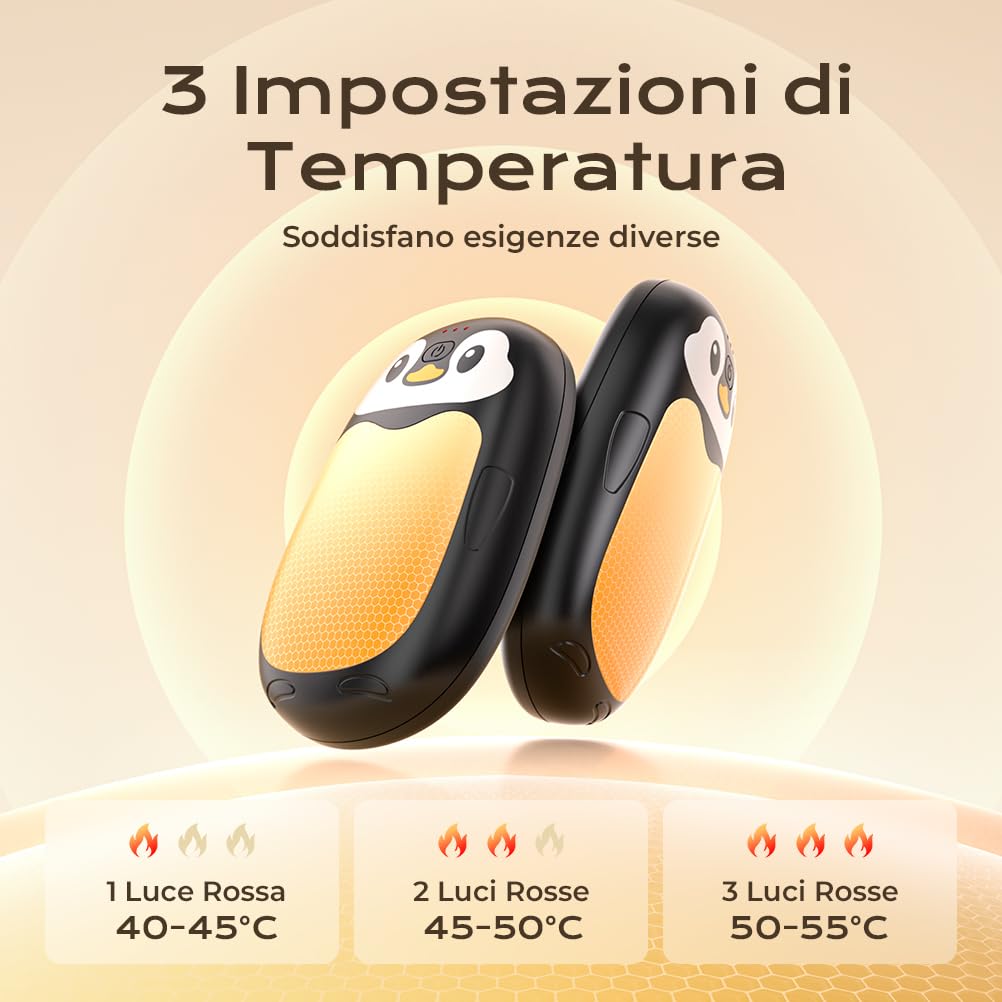 VOSFEEL Scaldamani Elettrico, Pinguino Scaldamani Carino 2 Pack, Ricaricabile e Riutilizzabile, Portatile, 23 Ore, Riscaldamento Rapido, Adatto per Esterno, Campeggio