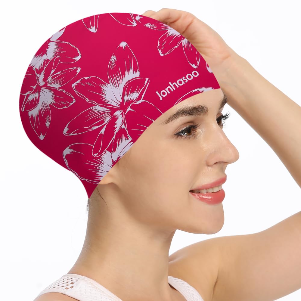 Jonhosoo Silicone Swim Cap for Women, Waterproof Long Hair Swimming Caps with Flower Printed