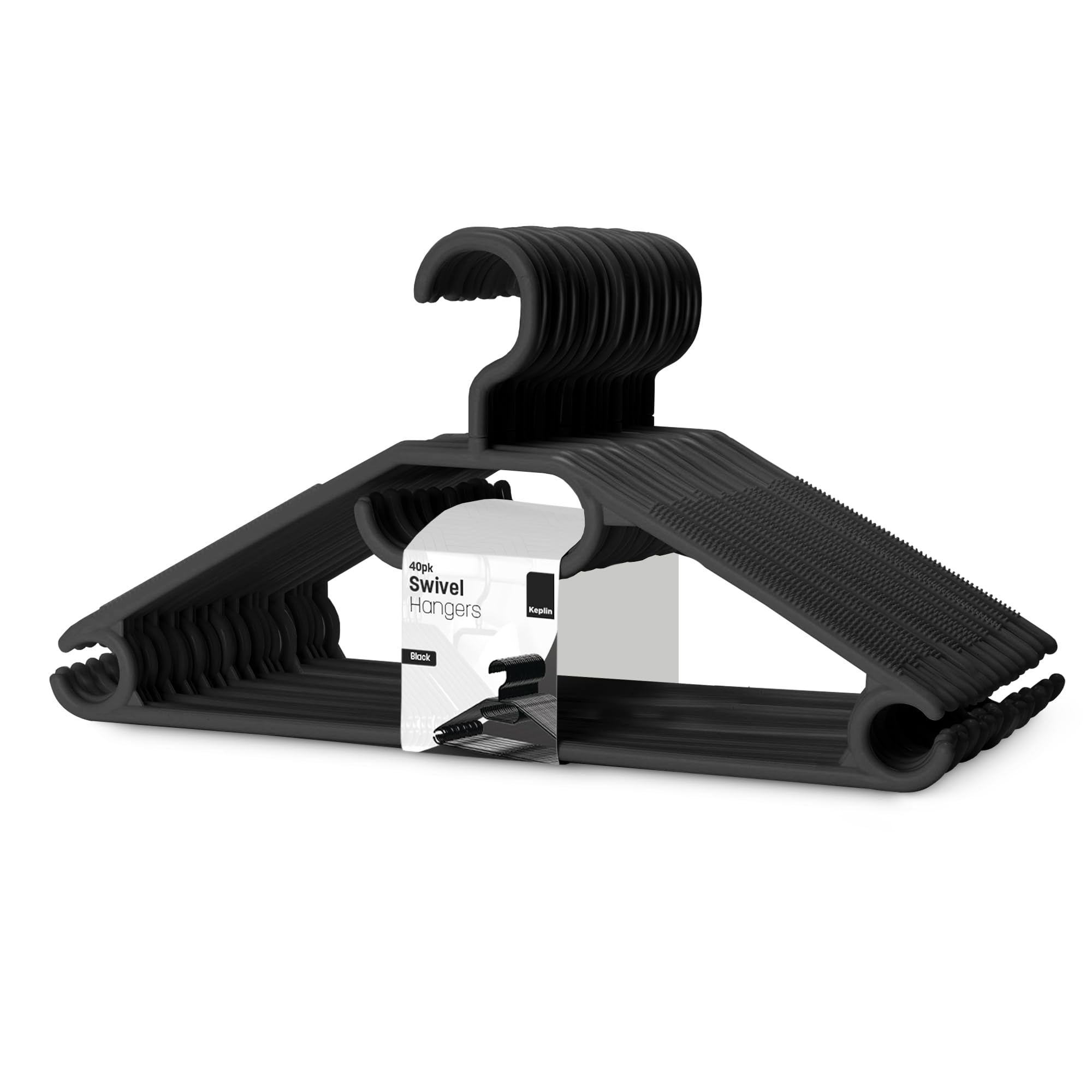 KEPLINKEPLIN Space Saving Black Plastic Coat Hangers - 40 Pack | Heavy Duty Swivel Hook Hangers for Clothes, Coats, Dress, Shirt, Jacket, Trouser | Non Slip with Rotating Hook & Tie Hanging