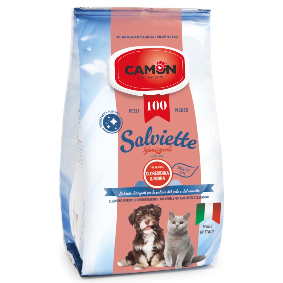 CAMON | Salviette Detergenti per Cani e Gatti, 30x17 cm, Confezione da 100 Pezzi, Fragranza Mirra, Senza Alcool etilico né Parabeni, Made in Italy